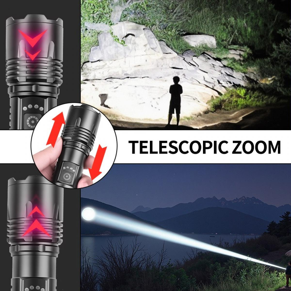 Eine Taschenlampe mit Teleskopzoom wird gezeigt. Demonstrationen umfassen eine beleuchtete Figur in der Ferne und einen Lichtstrahl über Wasser.