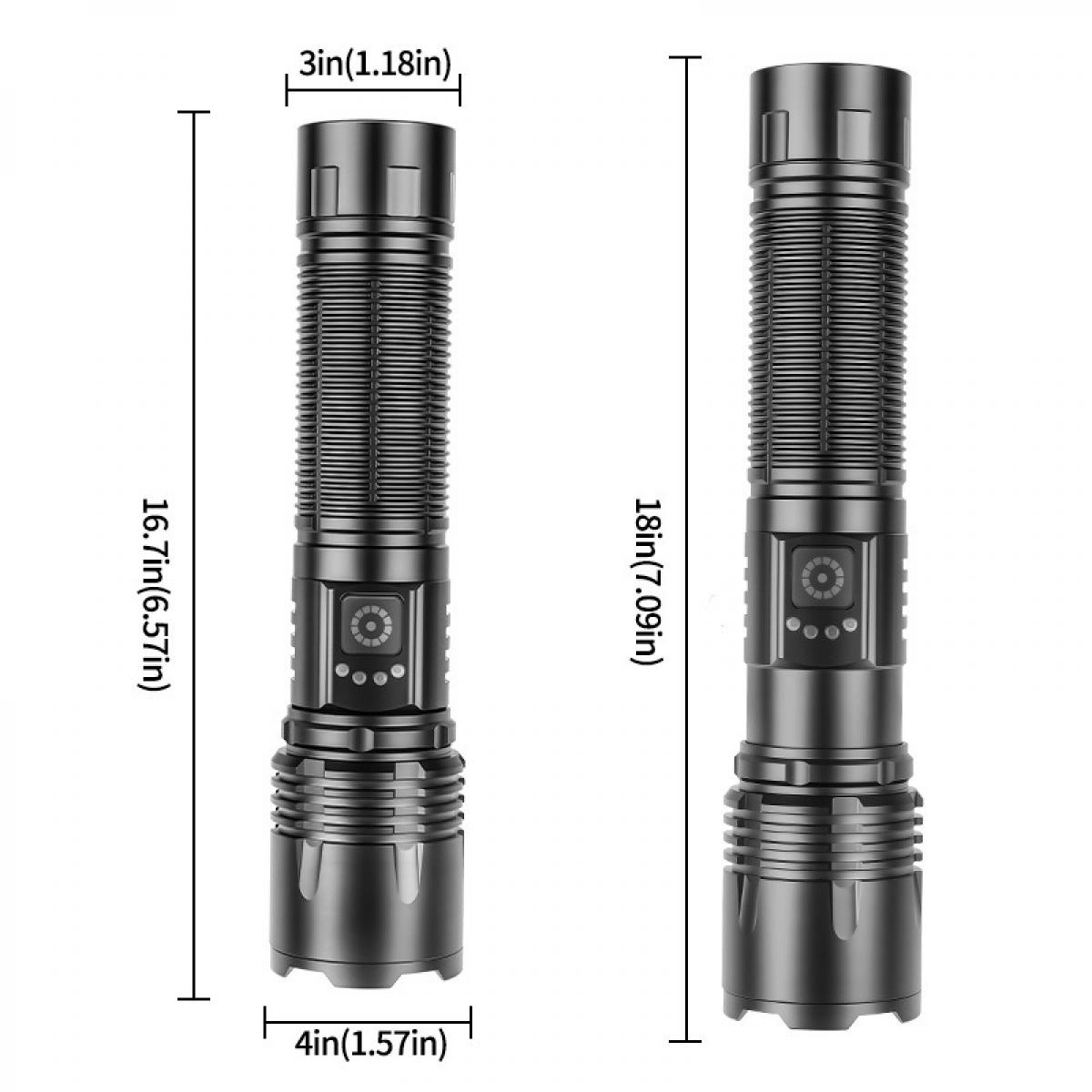 Zwei schwarze Taschenlampen werden gezeigt. Abmessungen sind beschriftet, was auf Größen hinweist. Jede Taschenlampe hat einen Power-Knopf und einen gerippten Körper.
