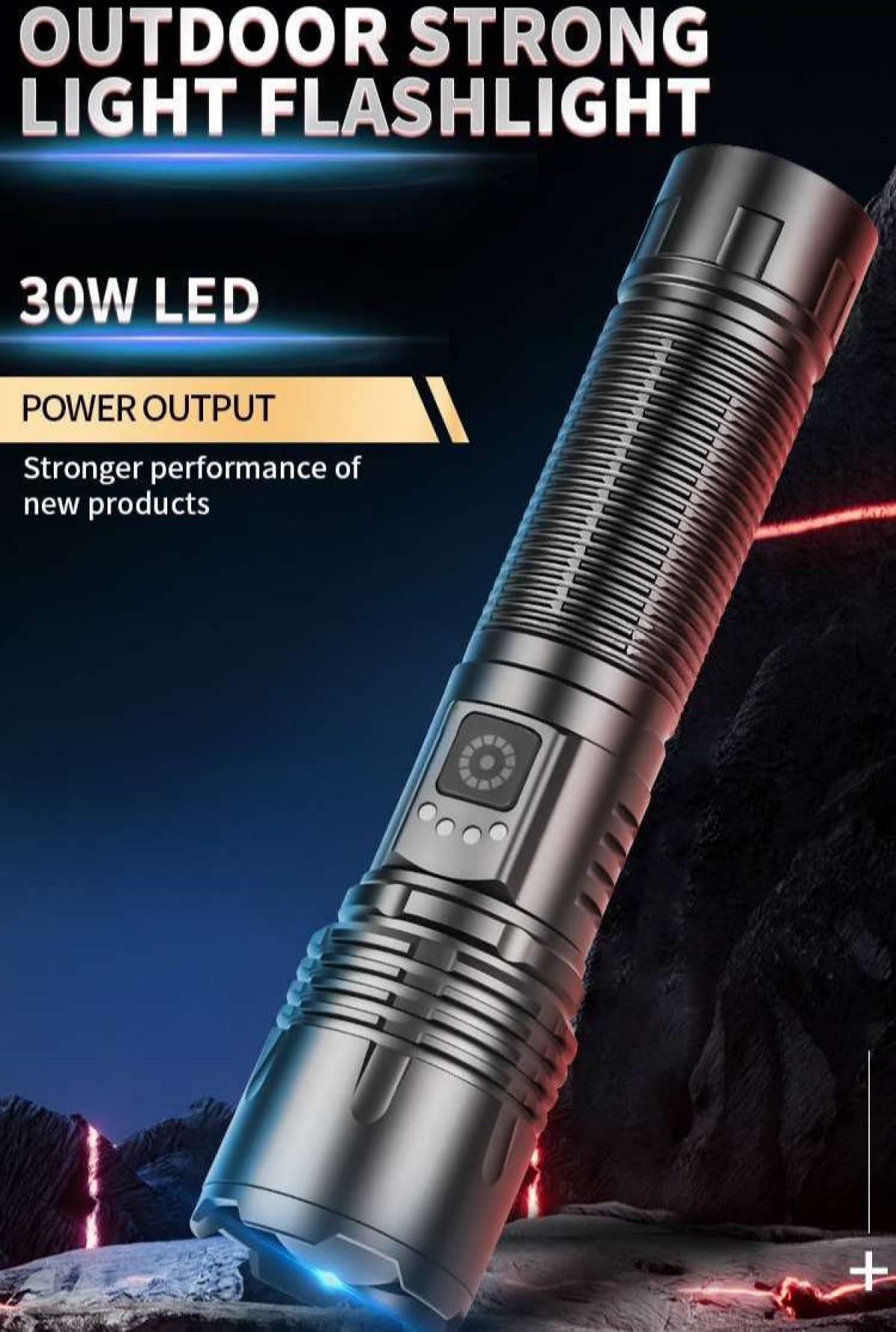 Eine silberne Taschenlampe mit Text: OUTDOOR STRONG LIGHT FLASHLIGHT, 30W LED. Sie hat einen Einschaltknopf und eine Illustration.