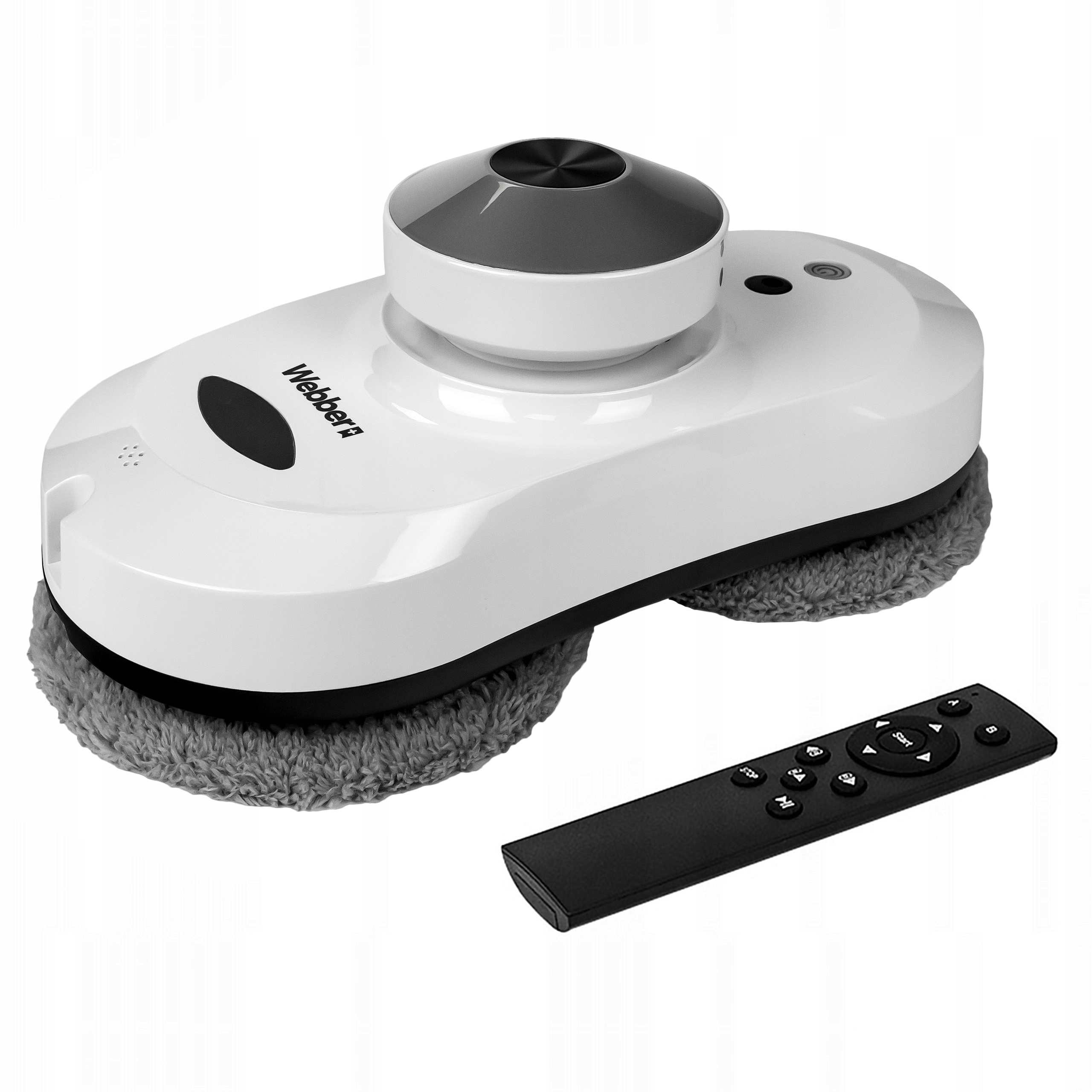 Biały robot do czyszczenia okien z pilotem. Ma szarą podkładkę czyszczącą i czarny pilot.