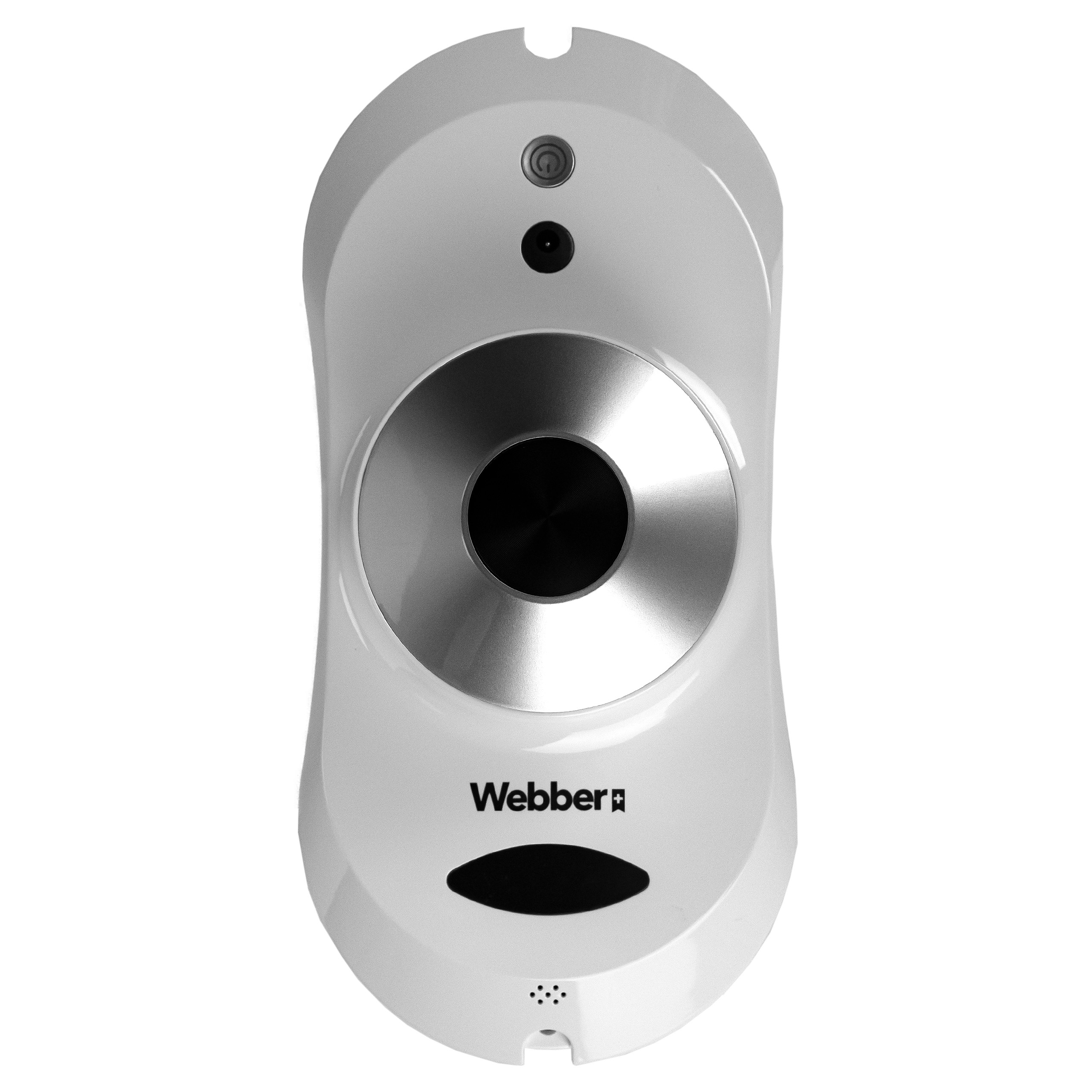 Biała myjka do okien Webber. Ma centralny srebrny okrąg, czarny owal i przycisk zasilania.