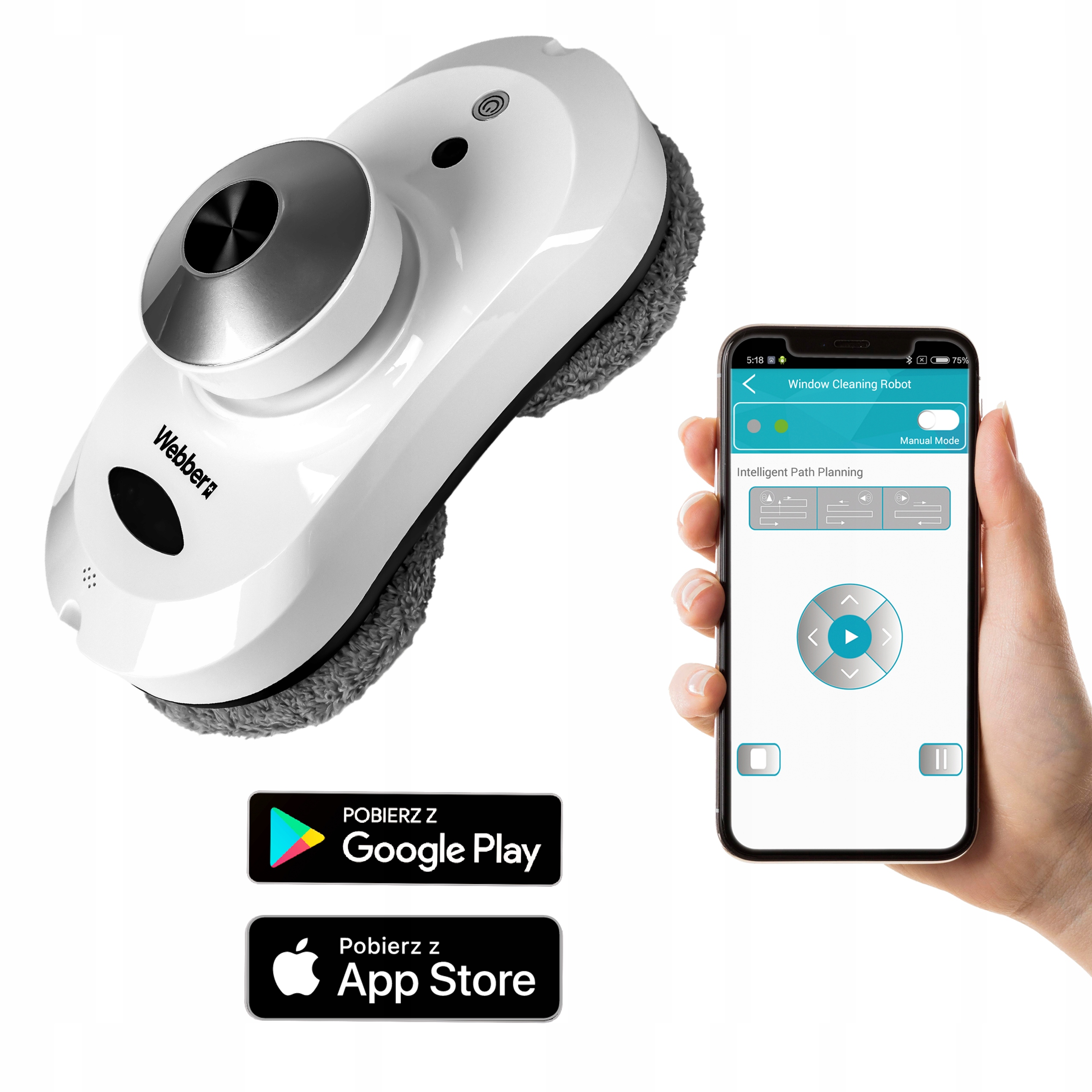 Biały robot do czyszczenia okien z interfejsem aplikacji na smartfonie i przyciskami pobierania.