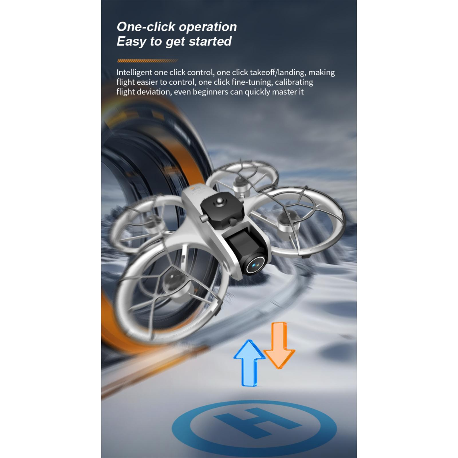 Eine weiße Drohne mit Kamera wird gezeigt. Der Text lautet: 'One-Click-Bedienung. Einfach zu starten'.