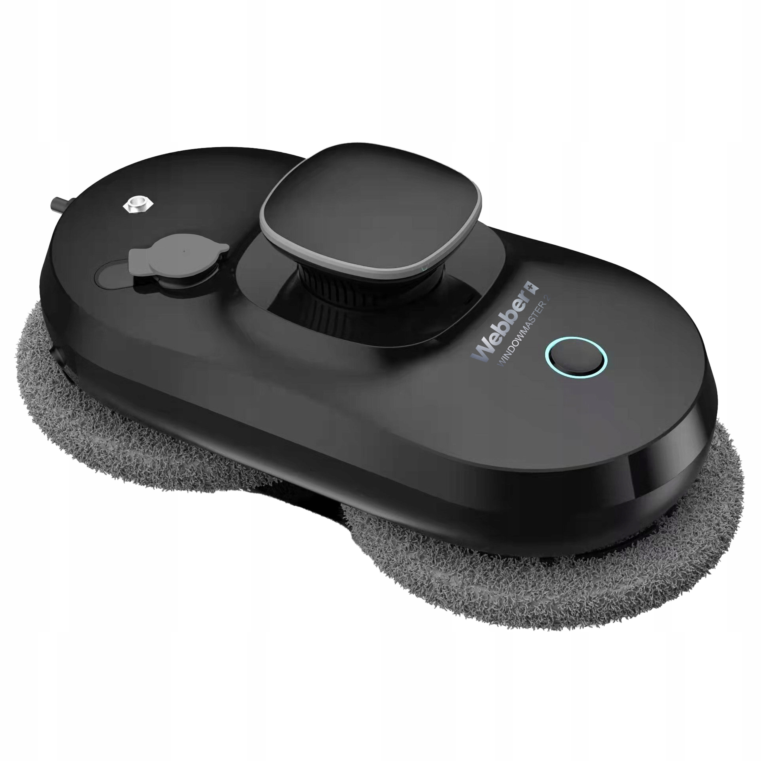 Czarny robot do czyszczenia okien Webber z szarymi podkładkami czyszczącymi. Posiada przycisk zasilania.