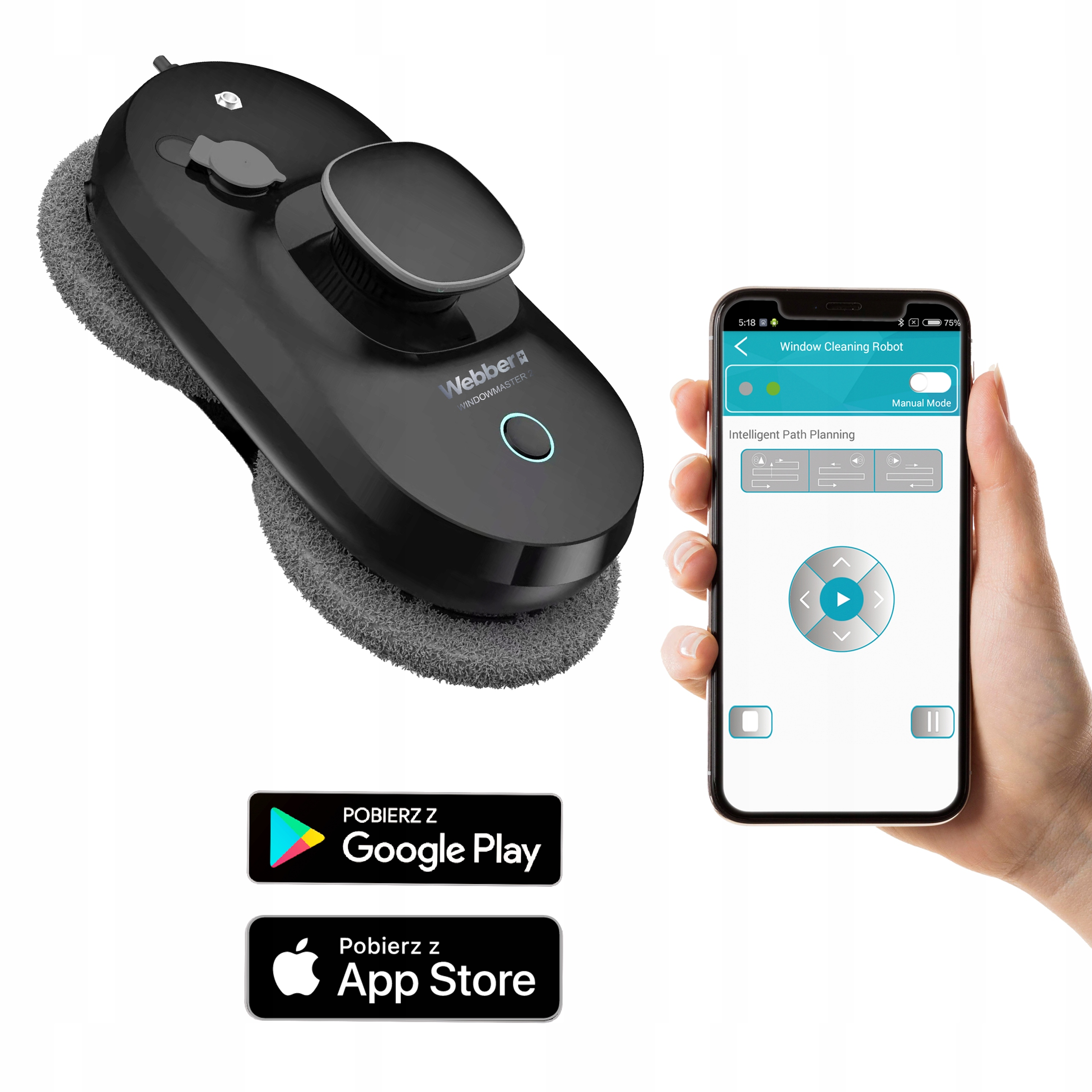Czarny robot do czyszczenia okien i smartfon z opcjami sterowania. Ikony Google Play i App Store.