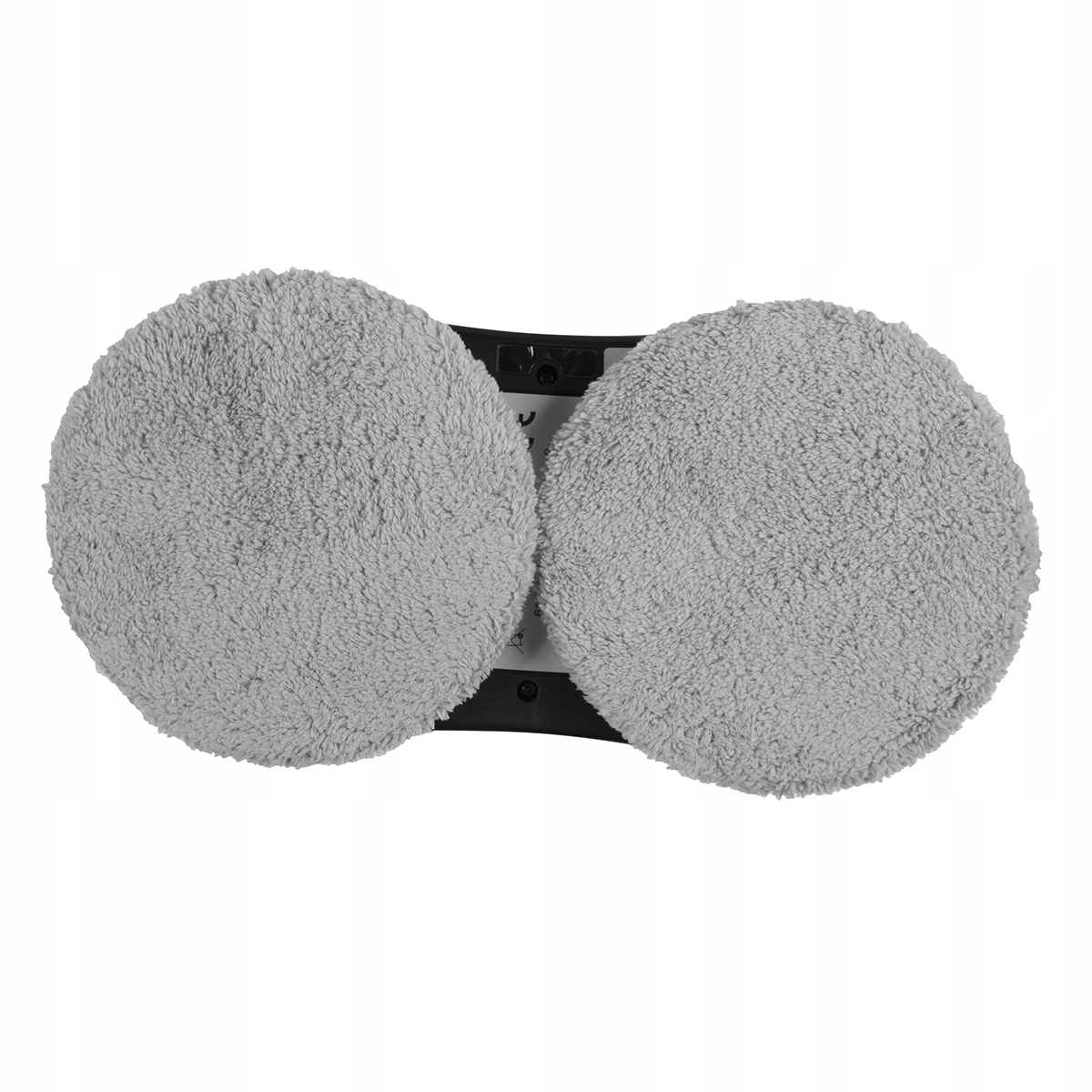 Robot do czyszczenia okien, widok z góry. Ma dwie szare, puszyste okrągłe podkładki. Łączy je czarna plastikowa ramka.