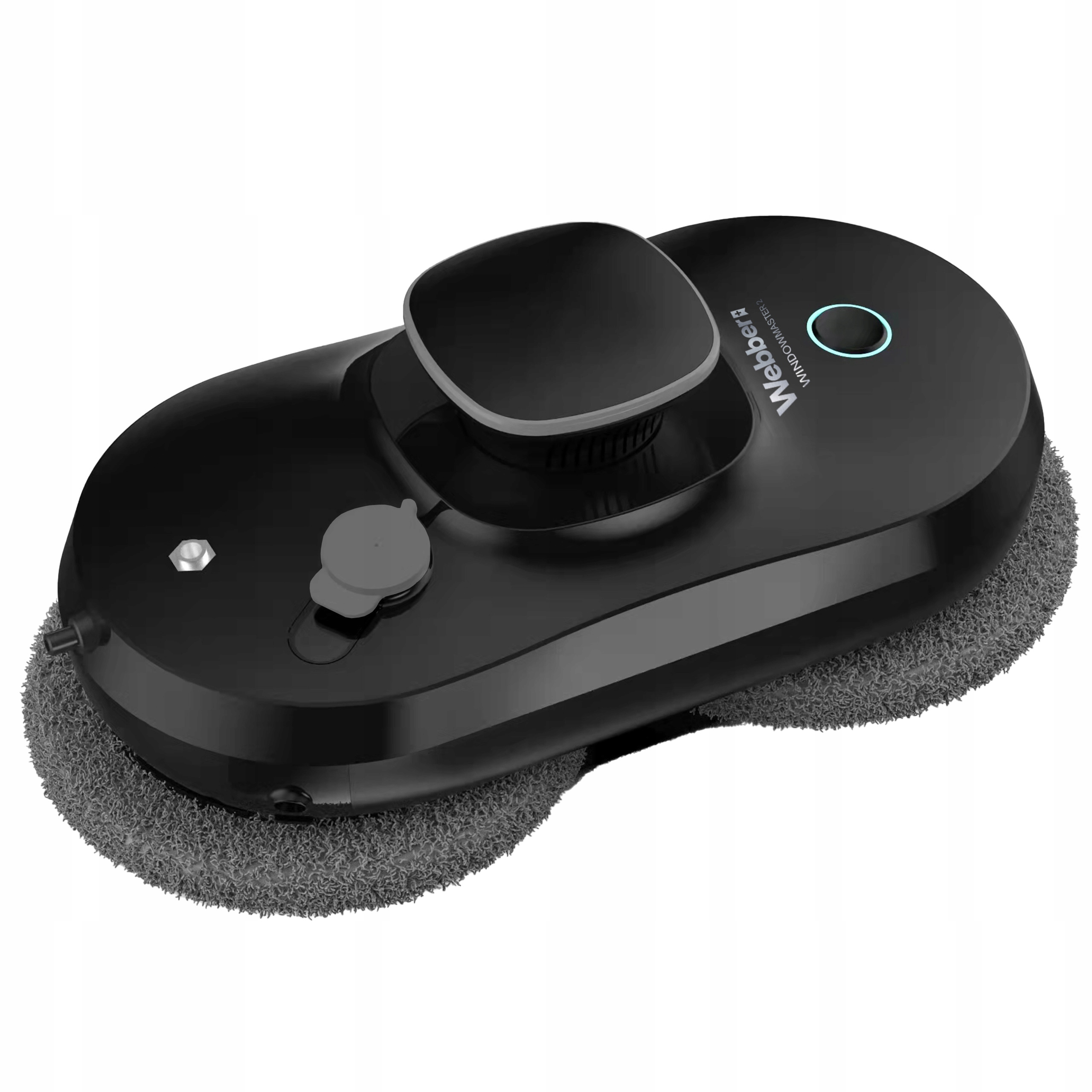 Czarny robot do czyszczenia okien. Ma dwie szare podkładki czyszczące i przycisk z niebieskim światłem.