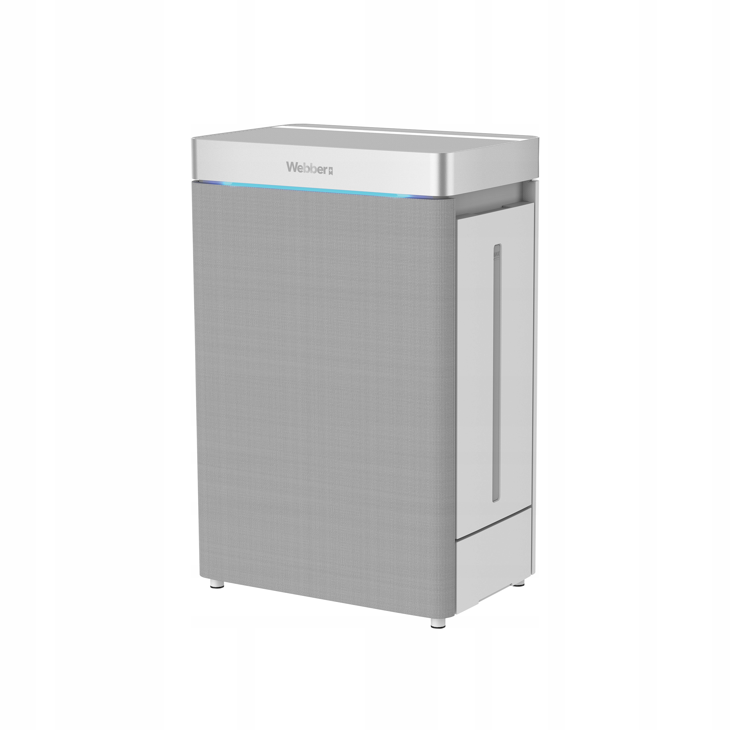 Biało-szary oczyszczacz powietrza z marką Webber. Ma siatkowy przód i srebrną górę.