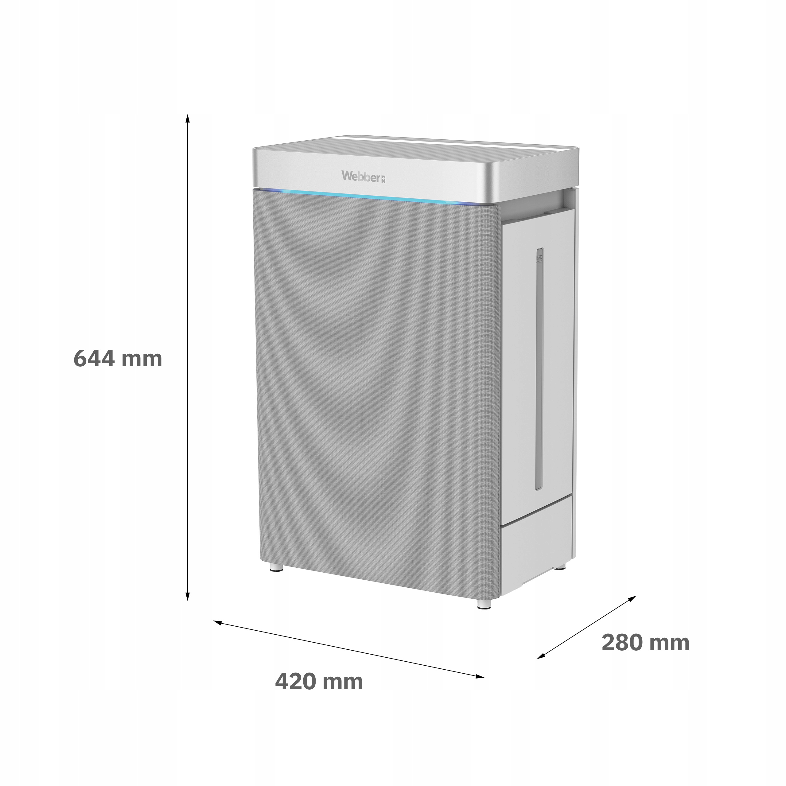 Oczyszczacz powietrza. Szary przód, srebrny wierzch, białe boki. Wymiary: 644 mm wysokości, 420 mm szerokości, 280 mm głębokości.