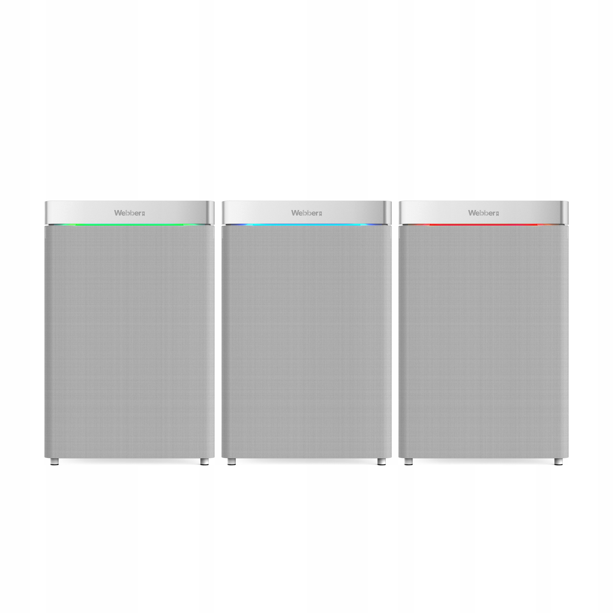 Trzy głośniki z różnokolorowymi światłami: zielonym, niebieskim i czerwonym. Każdy ma nazwę Webber.