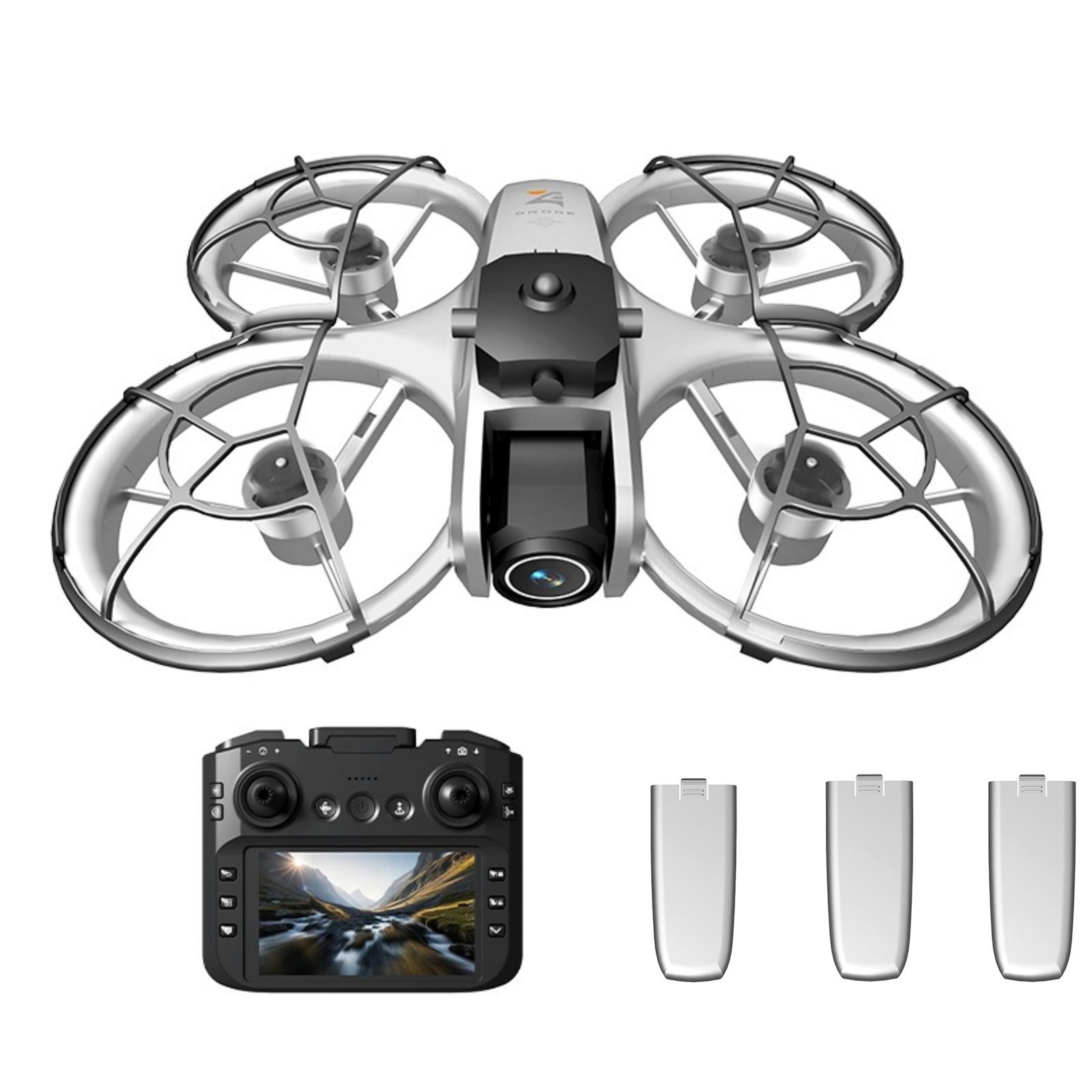 Drohne mit Kamera, Fernbedienung und Batterien. Drohne hat Propeller und Kamera. Fernbedienung hat Bildschirm. Batterien sind weiß.