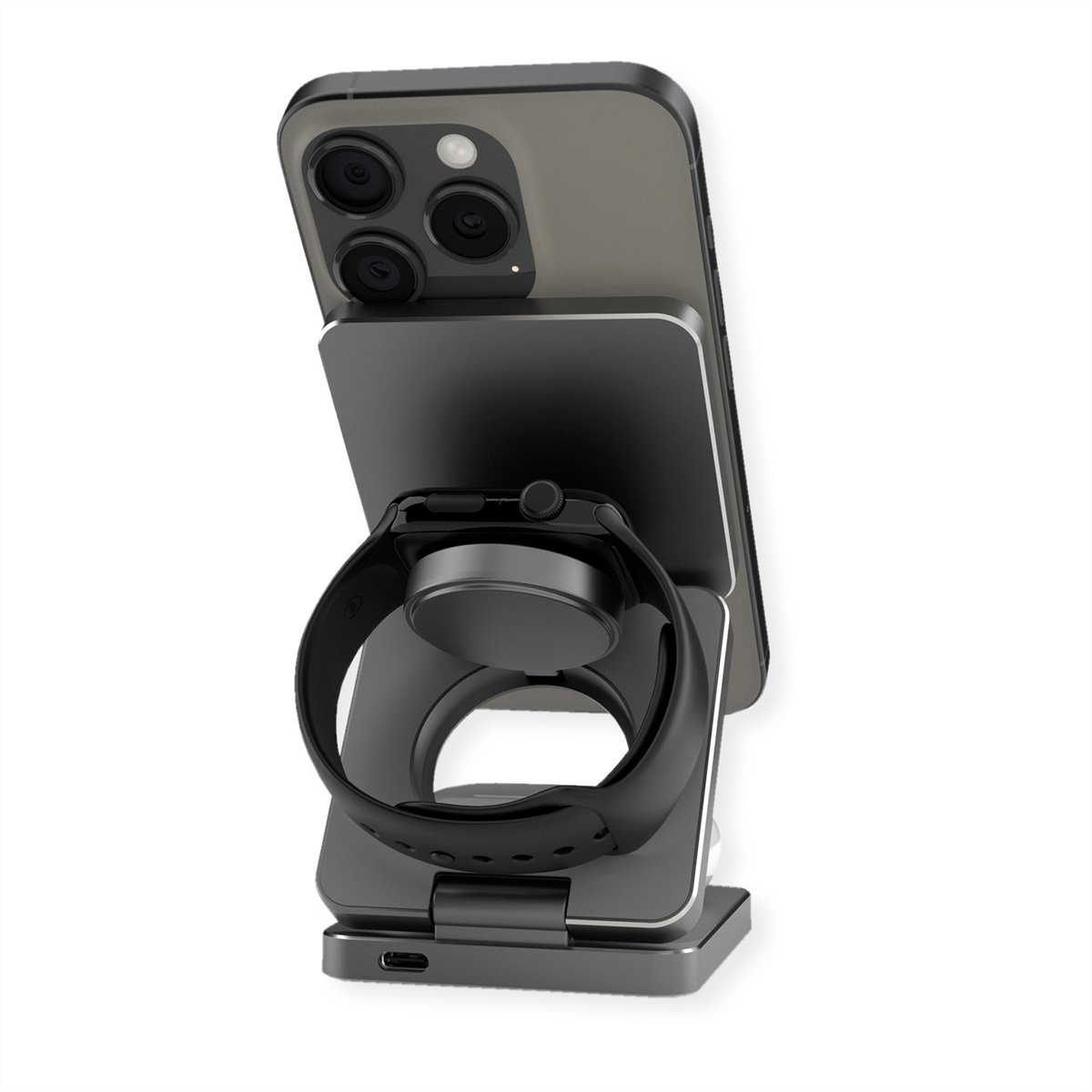 Un supporto di ricarica nero con un telefono e uno smartwatch. Il telefono è dietro, l'orologio davanti.