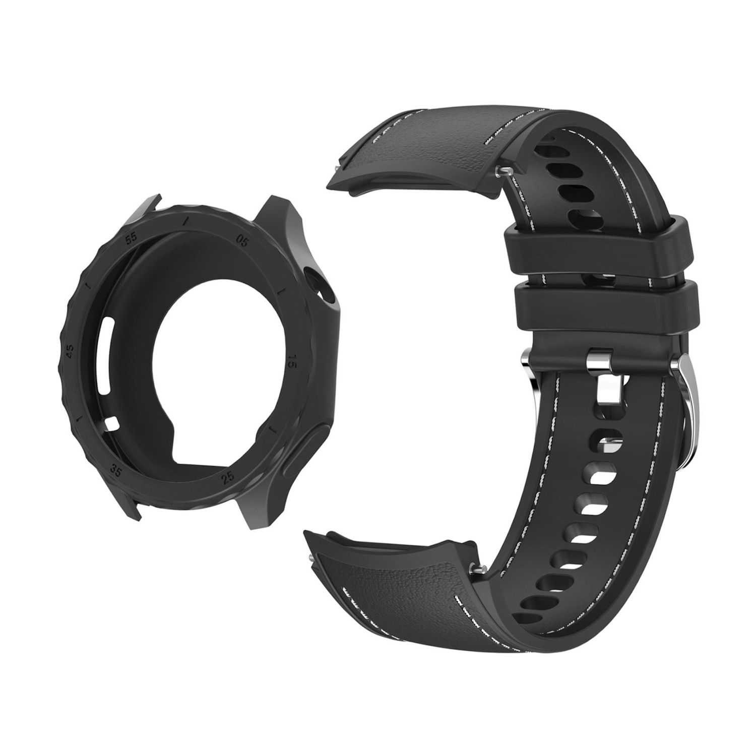 Schwarze Smartwatch-Komponenten, eine Lünette und ein Armband, sind auf weißem Hintergrund isoliert. Das Armband hat weiße Nähte.
