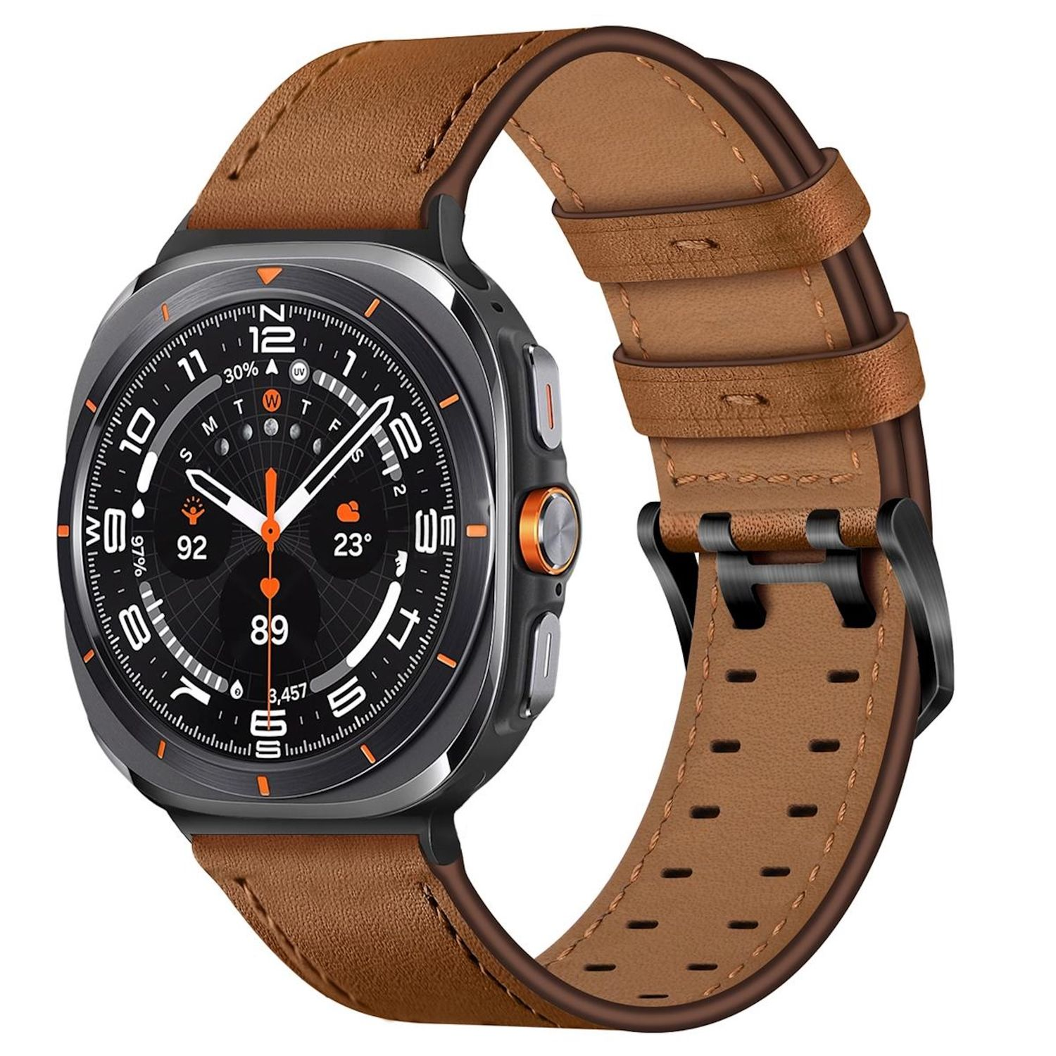 Eine Smartwatch mit braunem Lederarmband. Das Zifferblatt ist schwarz mit weißen und orangefarbenen Markierungen.