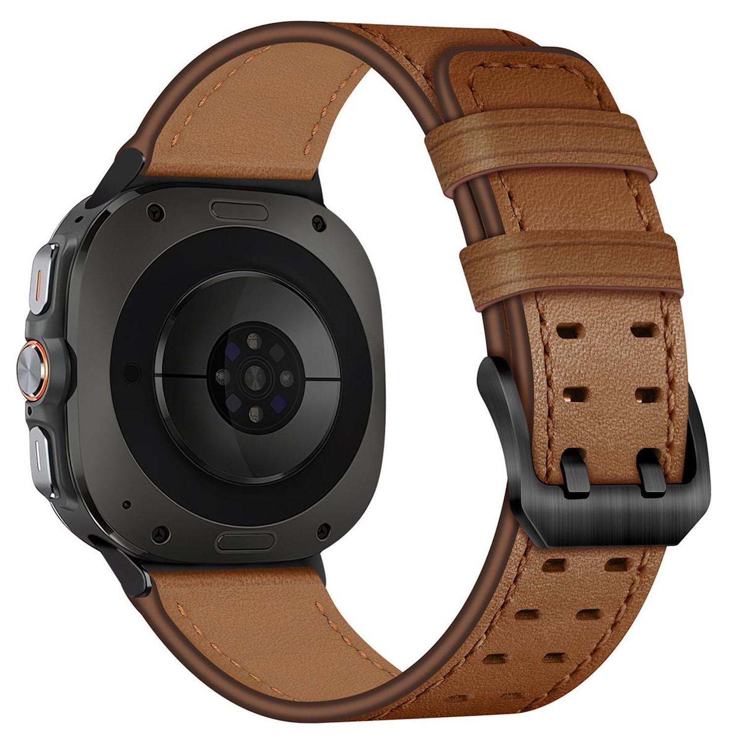 Eine Smartwatch mit braunem Lederarmband. Das Zifferblatt ist schwarz und das Armband hat eine schwarze Schnalle.