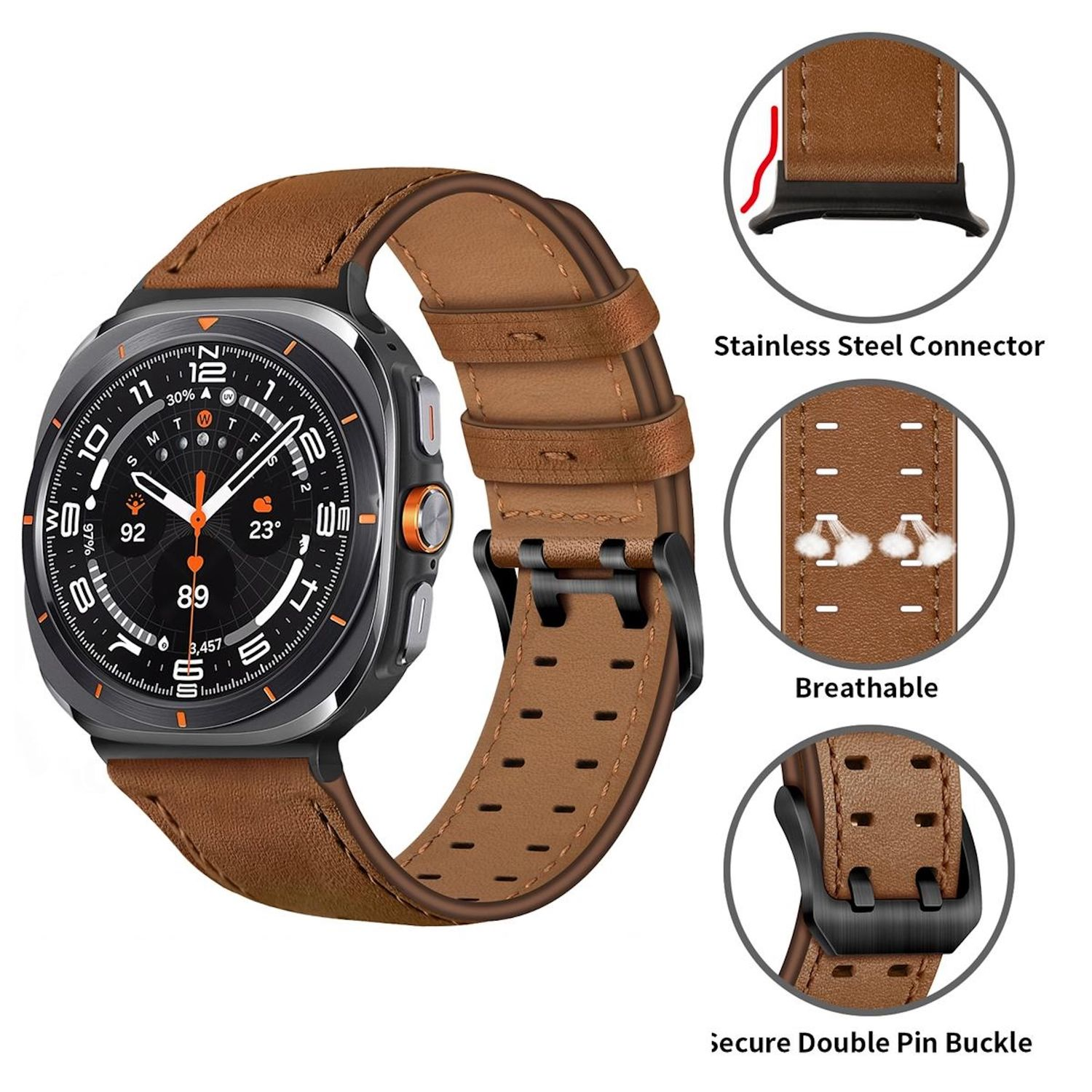 Braune Leder-Smartwatch mit schwarz-orangefarbener Oberfläche, Highlights sind Edelstahlverbinder und atmungsaktives Design.