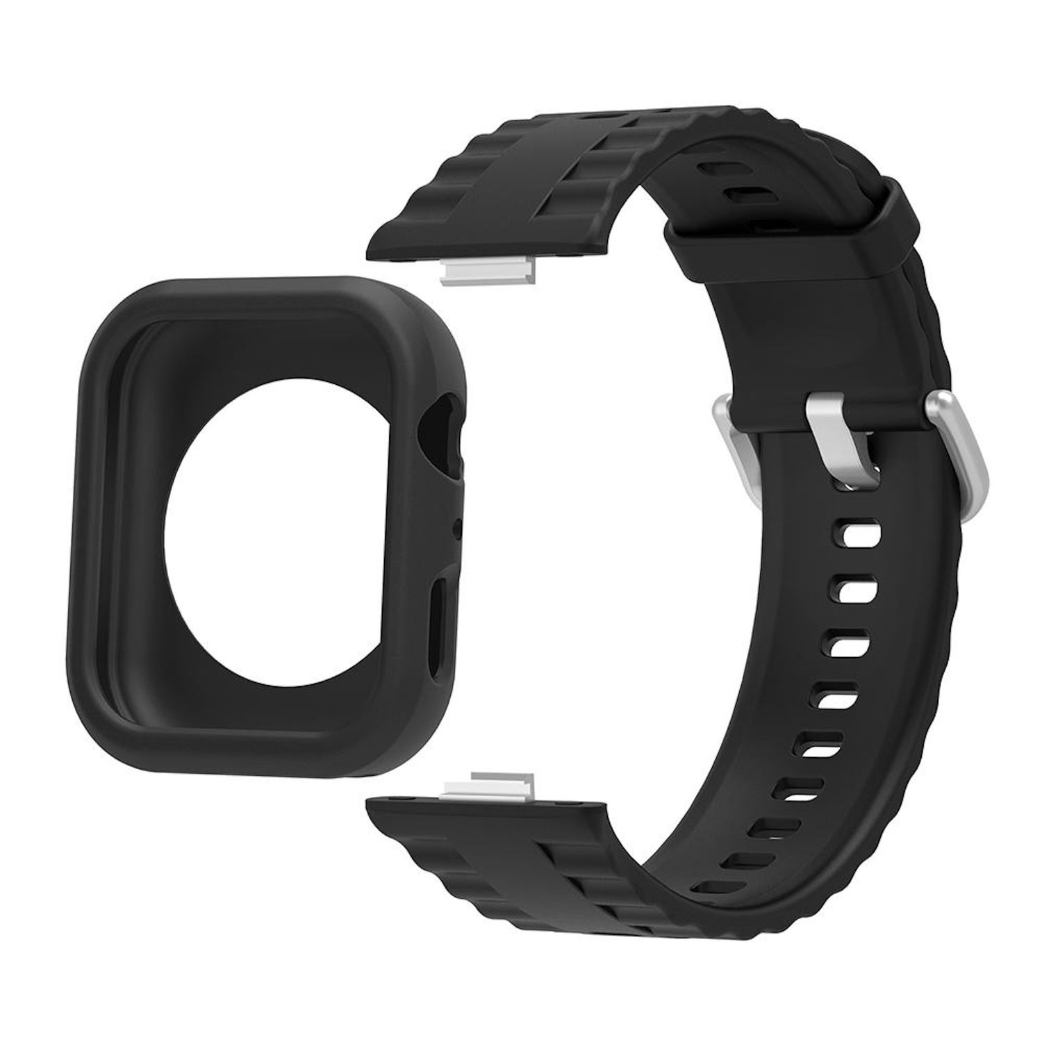 Schwarzes Uhrengehäuse und -armband, abgenommen. Das Gehäuse ist quadratisch mit runder Öffnung. Das Armband hat Löcher und eine silberne Schnalle.