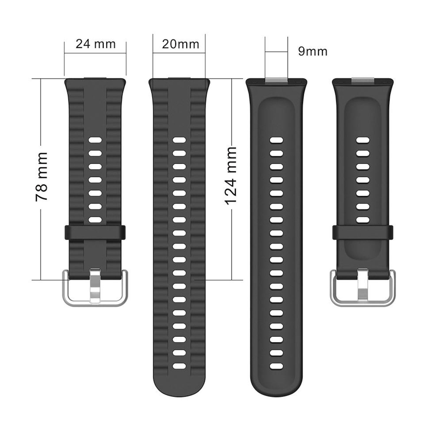 Vier schwarze Uhrenarmbänder mit Maßangaben. Zwei Armbänder sind 78 mm lang, 24 mm und 20 mm breit. Eines ist 124 mm lang, 9 mm breit.