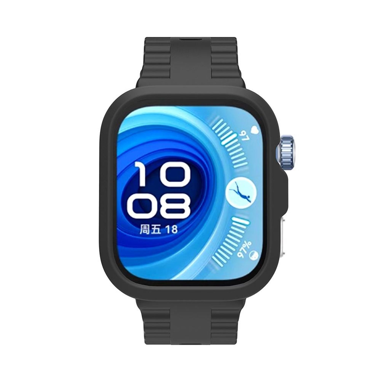 Eine schwarze Smartwatch mit blauem Bildschirm. Die Uhrzeit ist 10:08 Uhr. Hat ein Tauchsymbol und 97% Akku.