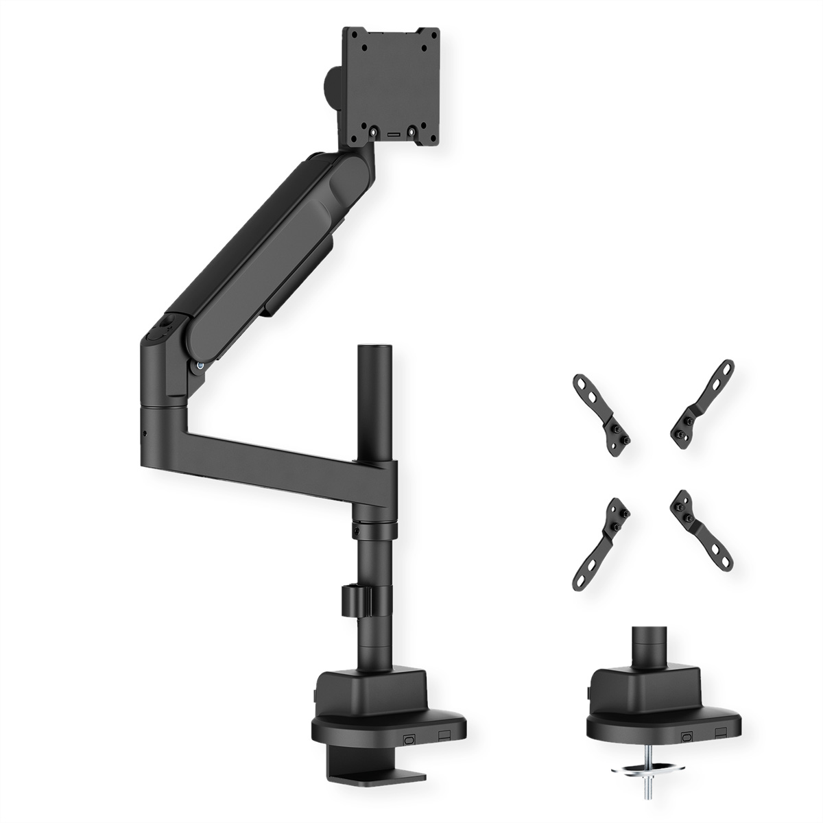 Bras de moniteur noir avec divers composants. Inclut des supports de montage et une pince de base. Le fond est blanc.