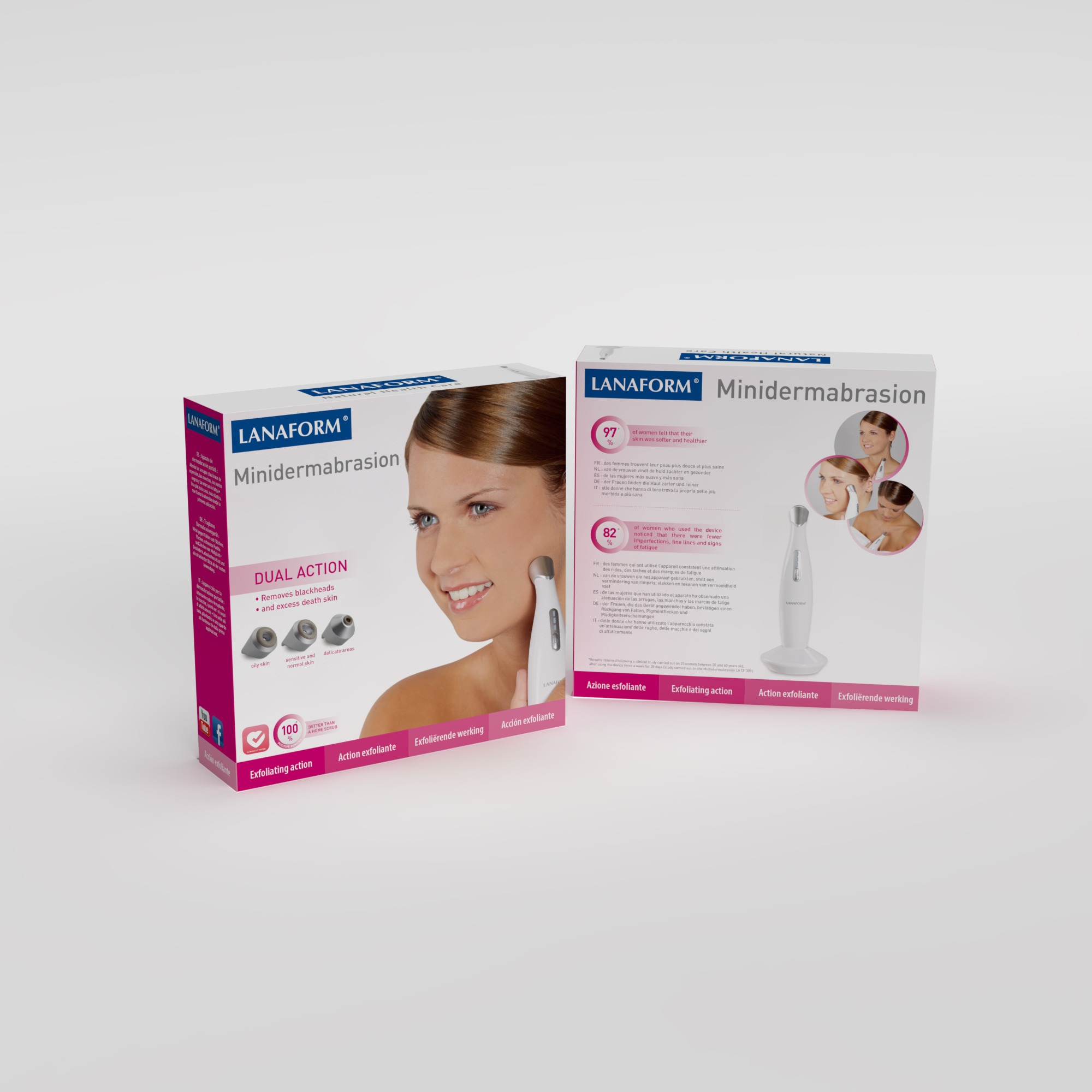 Two boxes of Lanaform Minidermabrasion. One shows a woman using the device. Text highlights dual action and skin benefits.