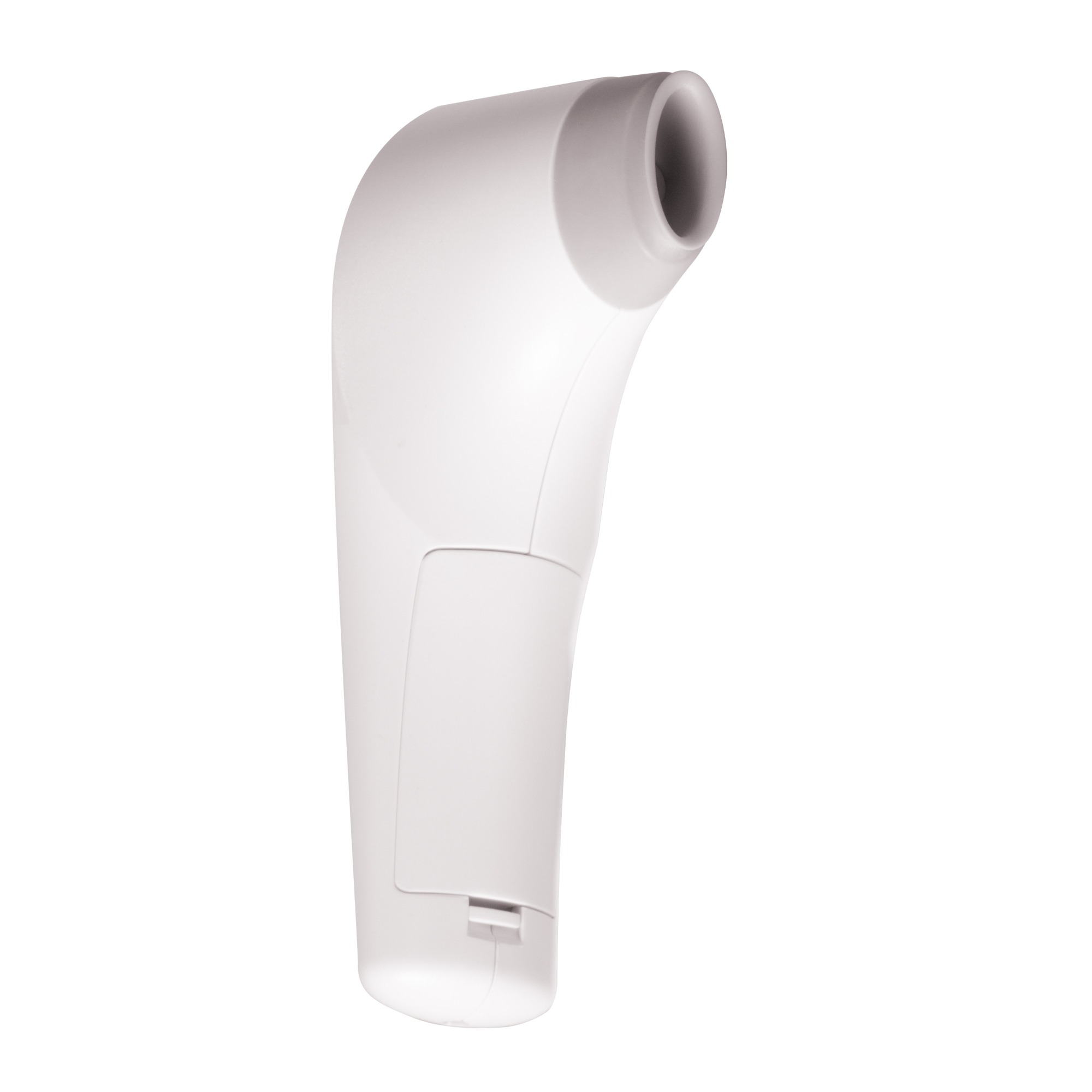 Un termometro bianco, portatile e senza contatto. Ha una forma curva con una testa e un pannello rettangolare.