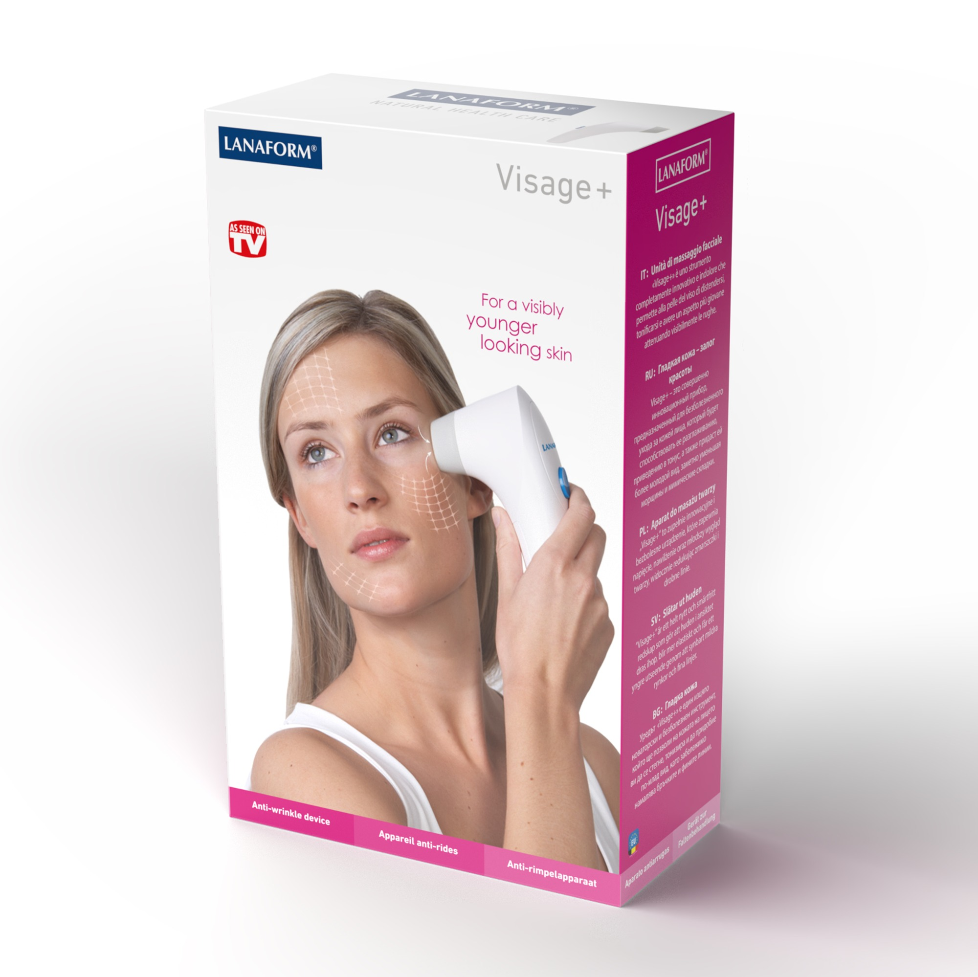 Una donna tiene in mano un dispositivo bianco sul viso, accanto a una scatola con i dettagli del prodotto.