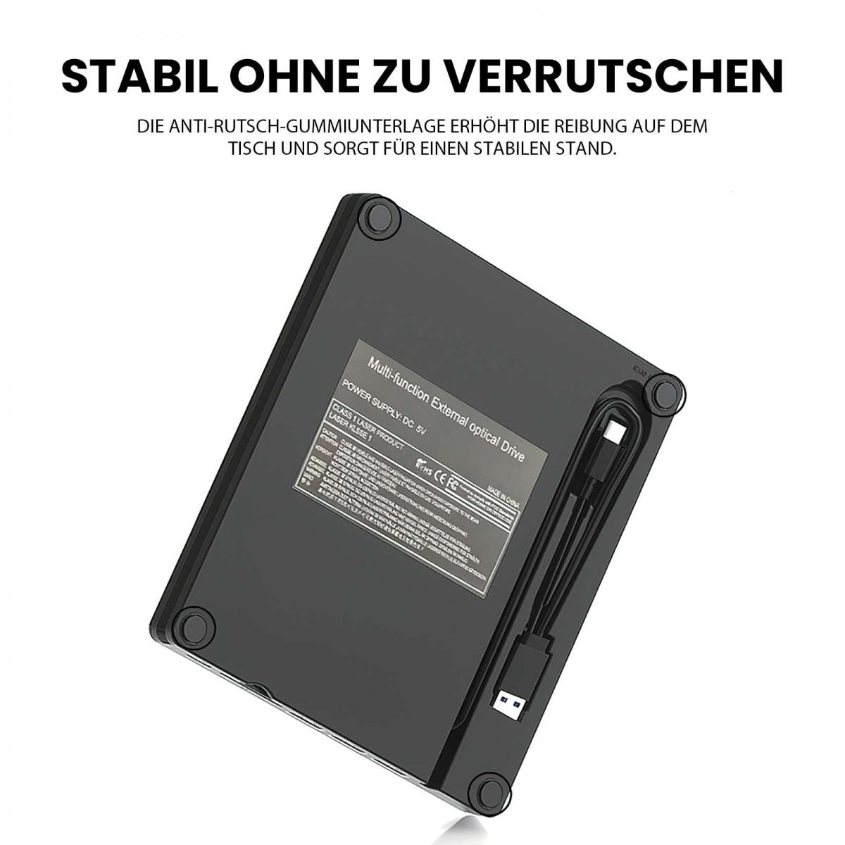 Ein schwarzes, multifunktionales externes optisches Laufwerk. Es hat ein USB-Kabel. Aufschrift: Klasse 1 Laserprodukt.