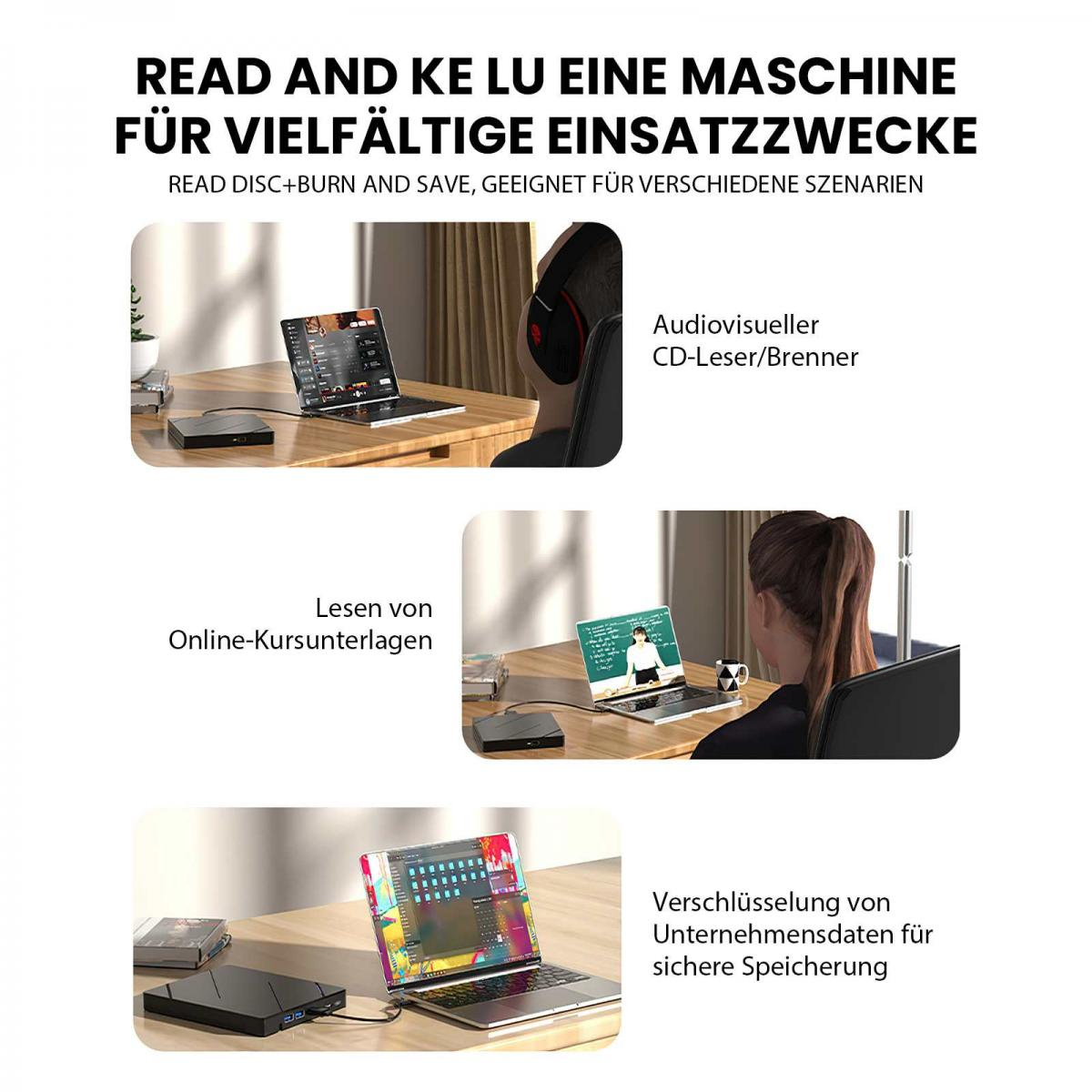 Das Bild zeigt einen Laptop mit Daten, eine Person mit Kopfhörern und Text auf Deutsch, der ein Gerät bewirbt.