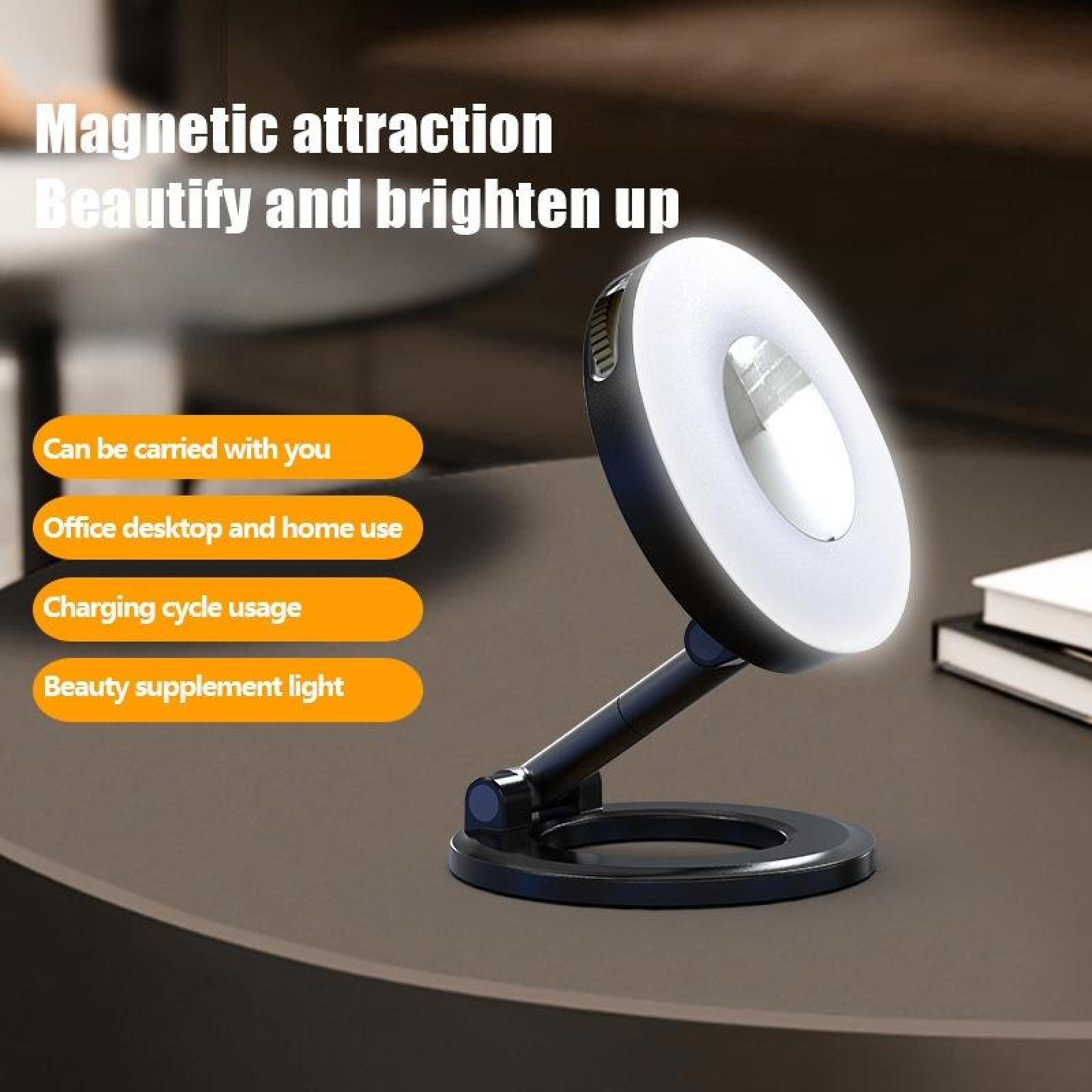 Ein Ringlicht mit Ständer steht auf einem Tisch. Text enthält: magnetische Anziehung, verschönern und aufhellen.