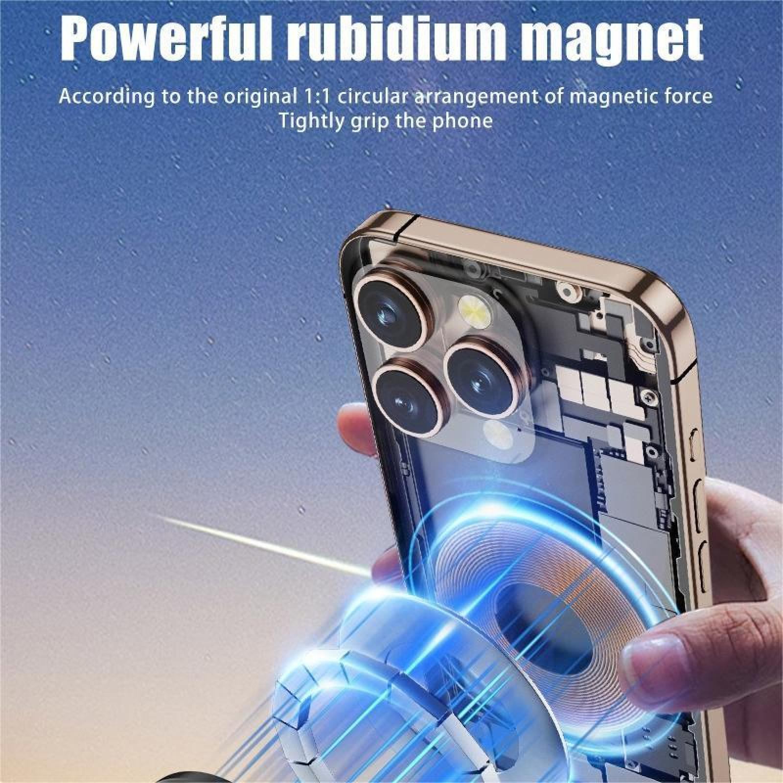 Eine Handyhülle mit einem Telefon wird gehalten. Es ist als Rubidiummagnet gekennzeichnet und hat ein blaues Leuchten.