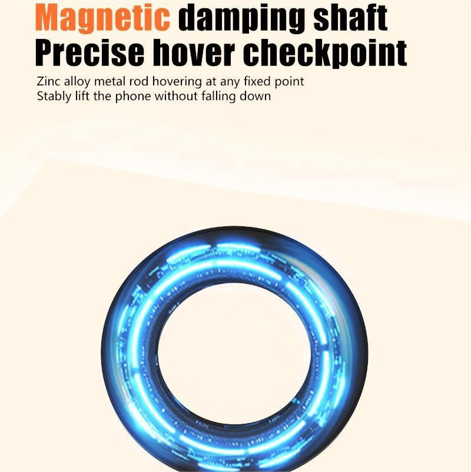 Ein blau leuchtender Ring mit Text über magnetische Dämpfungswelle und präzisen Schwebepunkt.