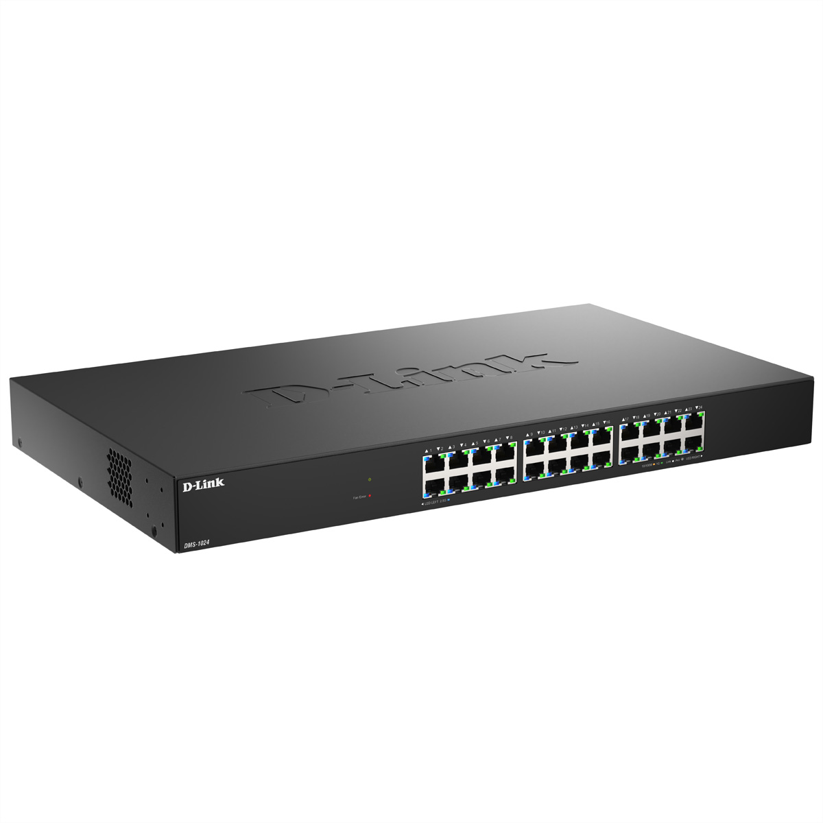 Ein schwarzer D-Link-Netzwerkswitch. Er hat mehrere Anschlüsse mit grünen und blauen Lichtern, das D-Link-Logo ist sichtbar.