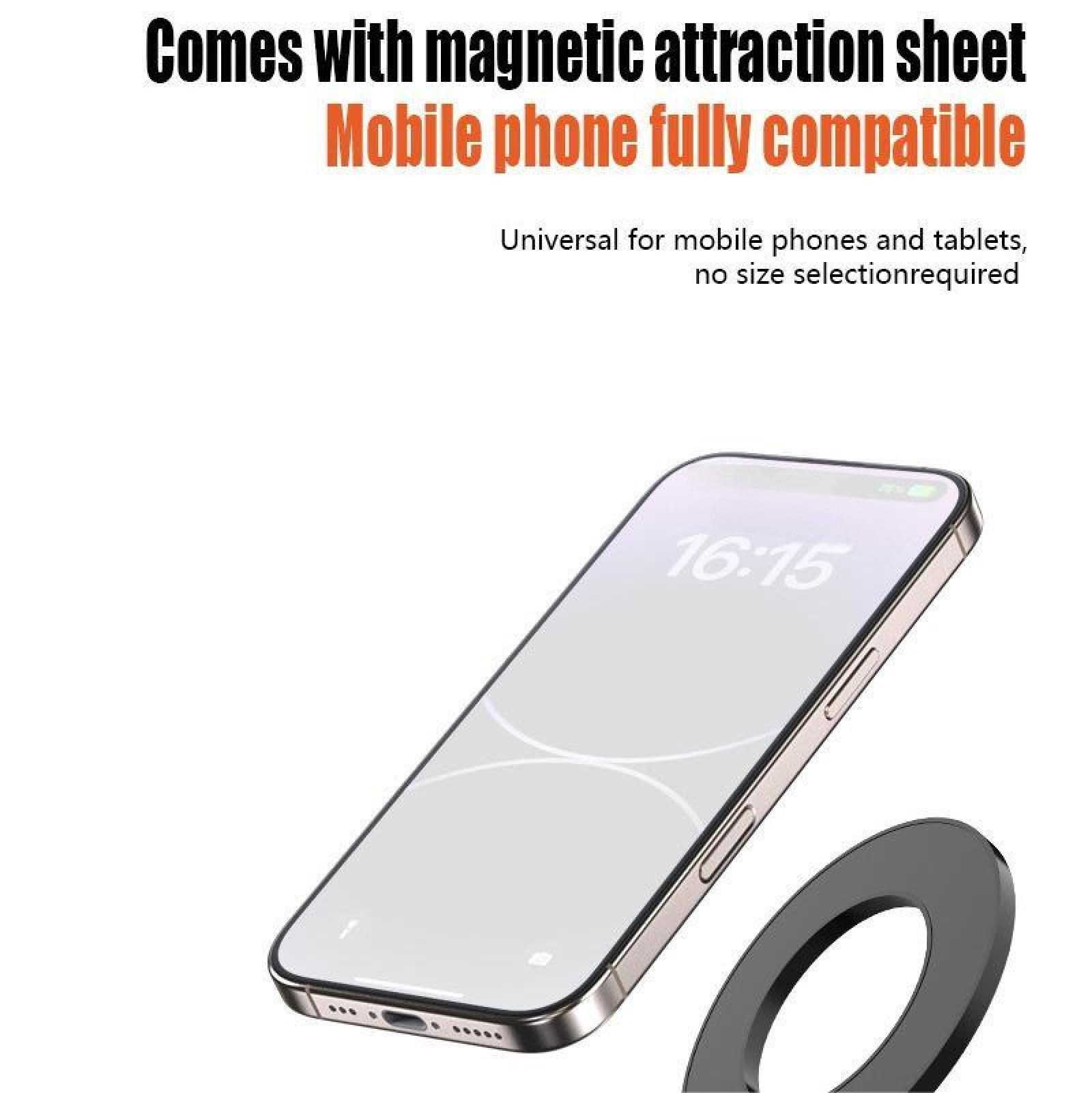 Ein Telefon mit 16:15 Uhr, einer magnetischen Anziehungsfolie und Text, der Kompatibilität und universelle Nutzung angibt.