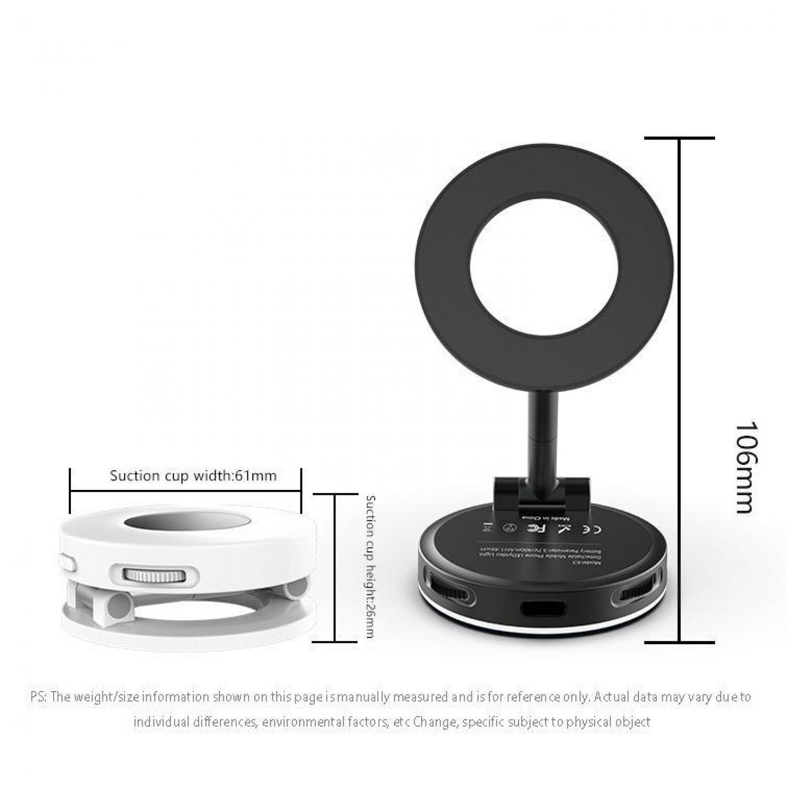 Ein weißes und schwarzes Handy-Videolicht. Abmessungen und Etiketten sind enthalten. Die Saugnapfbreite beträgt 61 mm, die Höhe 26 mm und die Gesamthöhe 106 mm.