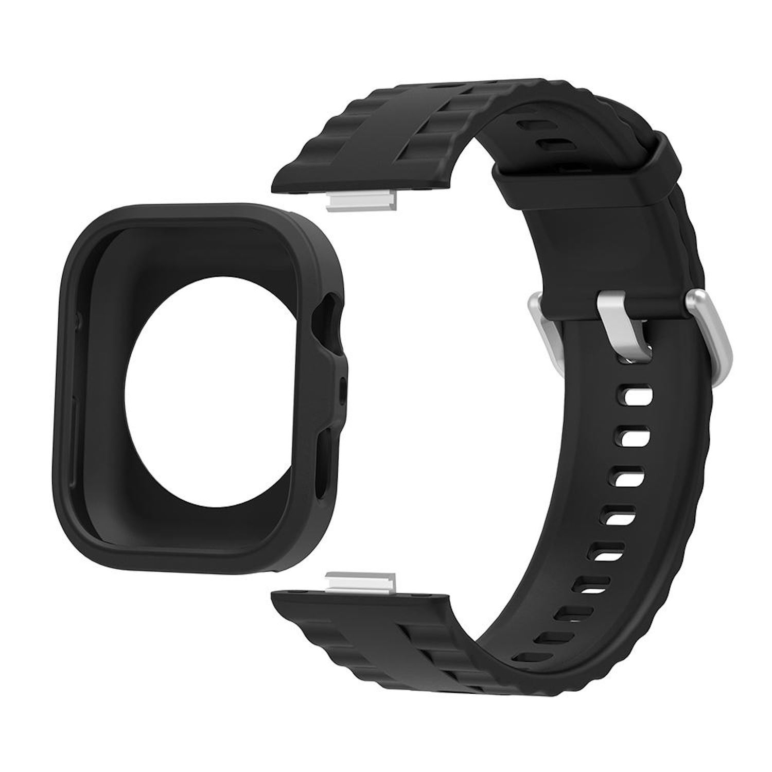 Schwarzes Uhrenarmband und -gehäuse auf weißem Hintergrund. Das Armband ist segmentiert und hat eine Schnalle. Das Gehäuse ist quadratisch.