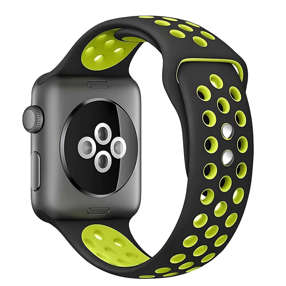 Un Apple Watch con cinturino sport nero e verde lime. L'orologio è grigio, con un sensore circolare sul retro.