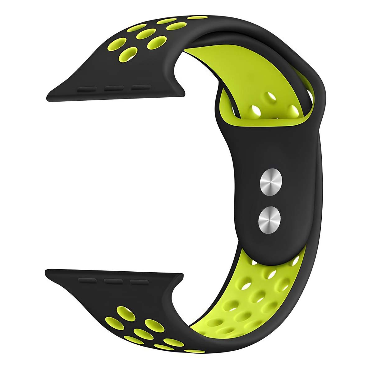 Un cinturino nero e verde neon, con un design traforato e chiusure in metallo, su sfondo bianco.
