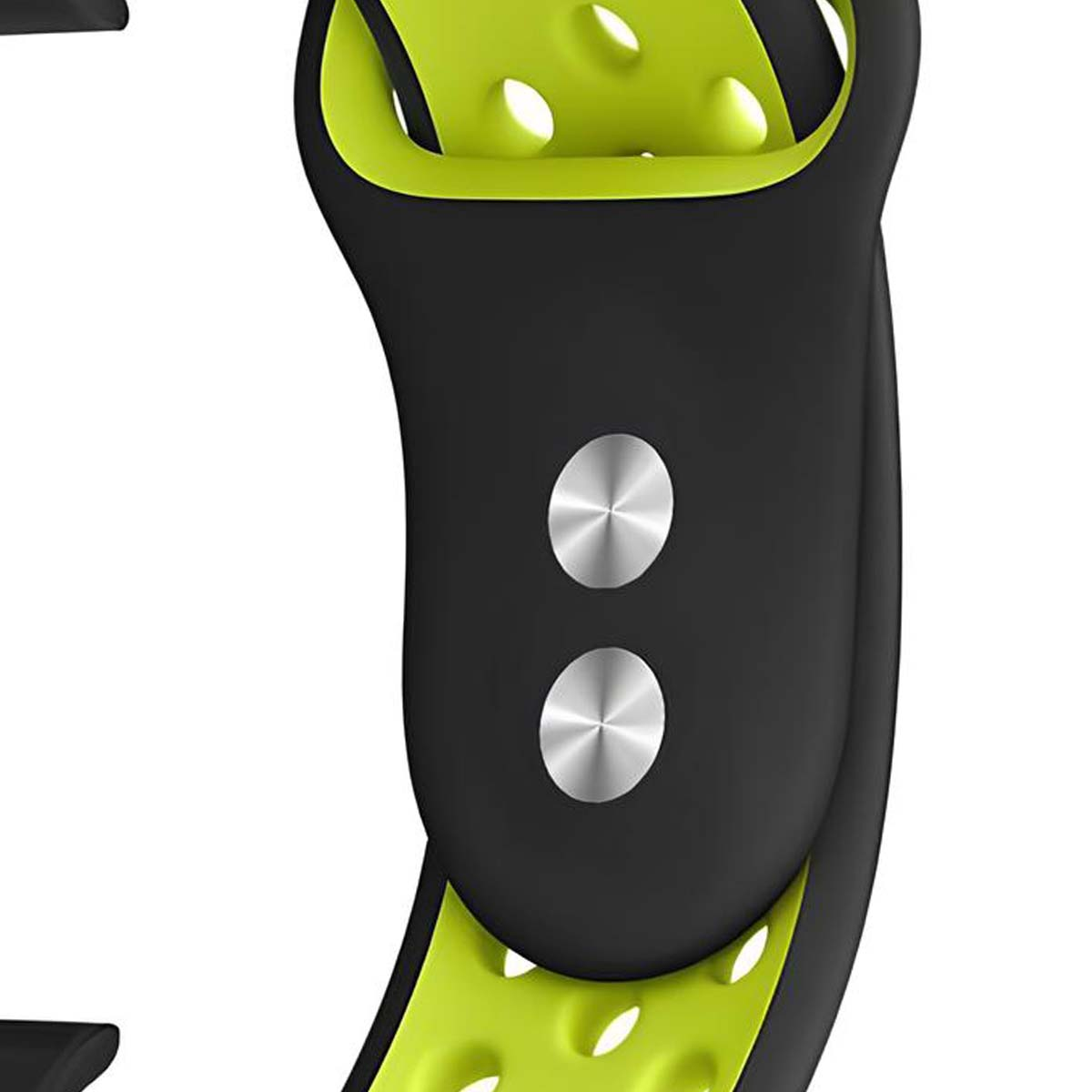 Primo piano di un cinturino nero e verde neon. Sono visibili due bottoni argentati. Il cinturino ha un design a strati.