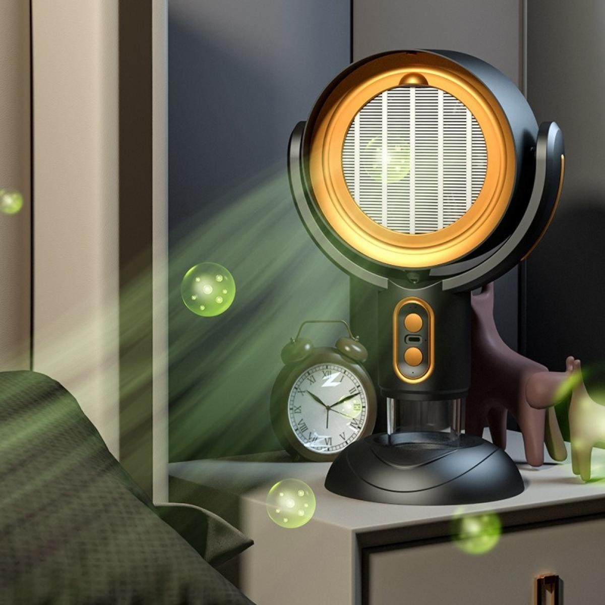 Ein moderner Ventilator mit kreisförmigem Design steht auf einem Nachttisch mit einem Wecker und dekorativen Tieren. Grüne Kugeln schweben herum.