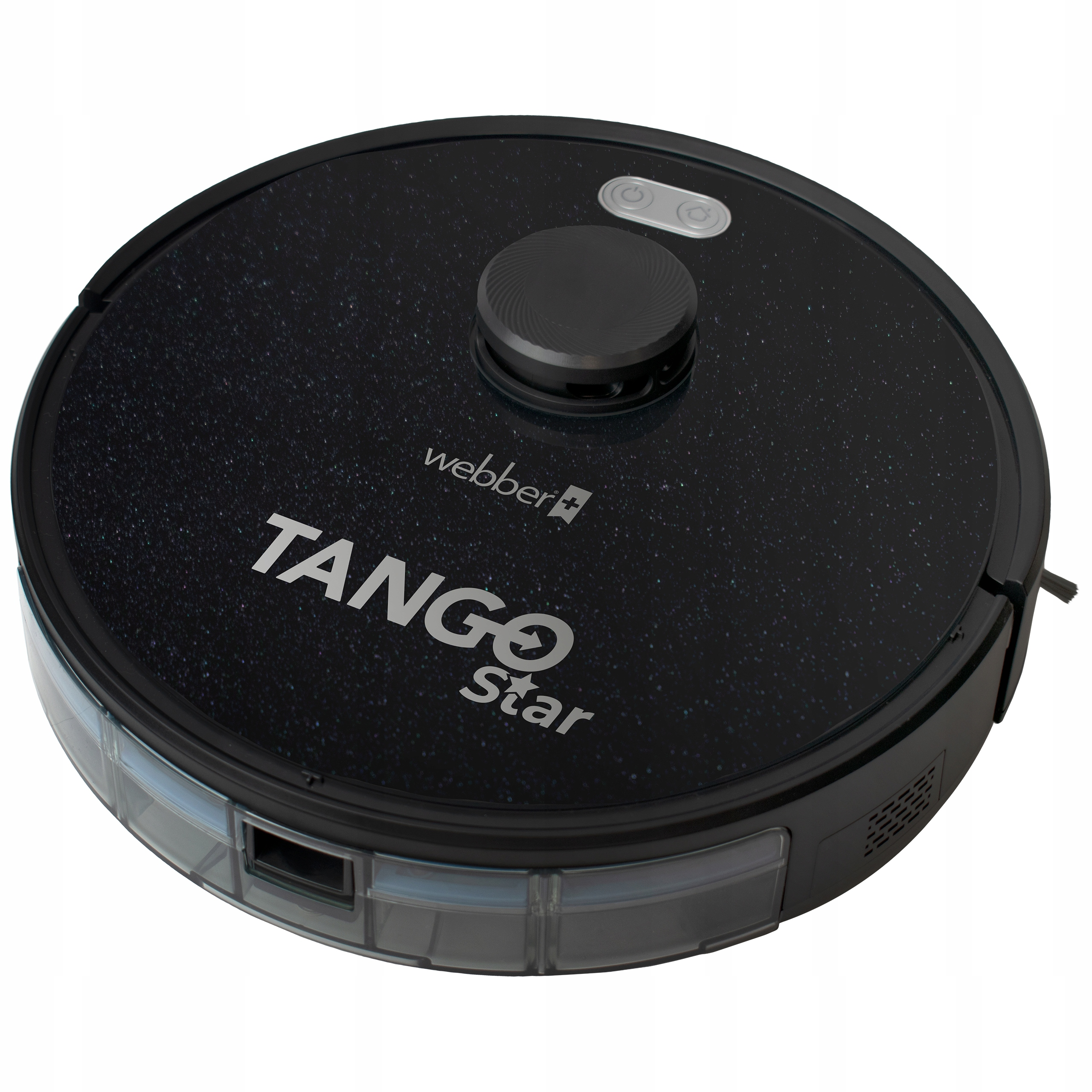 Czarny robot odkurzający Webber Tango Star. Ma okrągły kształt, przyciski i centralny element sterujący. Ma wzór w gwiazdy.