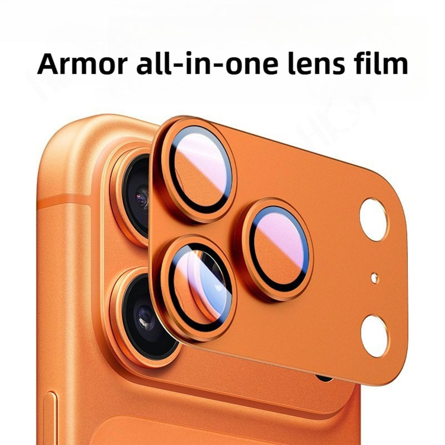 Pellicola per lenti arancione su un telefono. Il testo 'Armor all-in-one lens film' è in alto nell'immagine.
