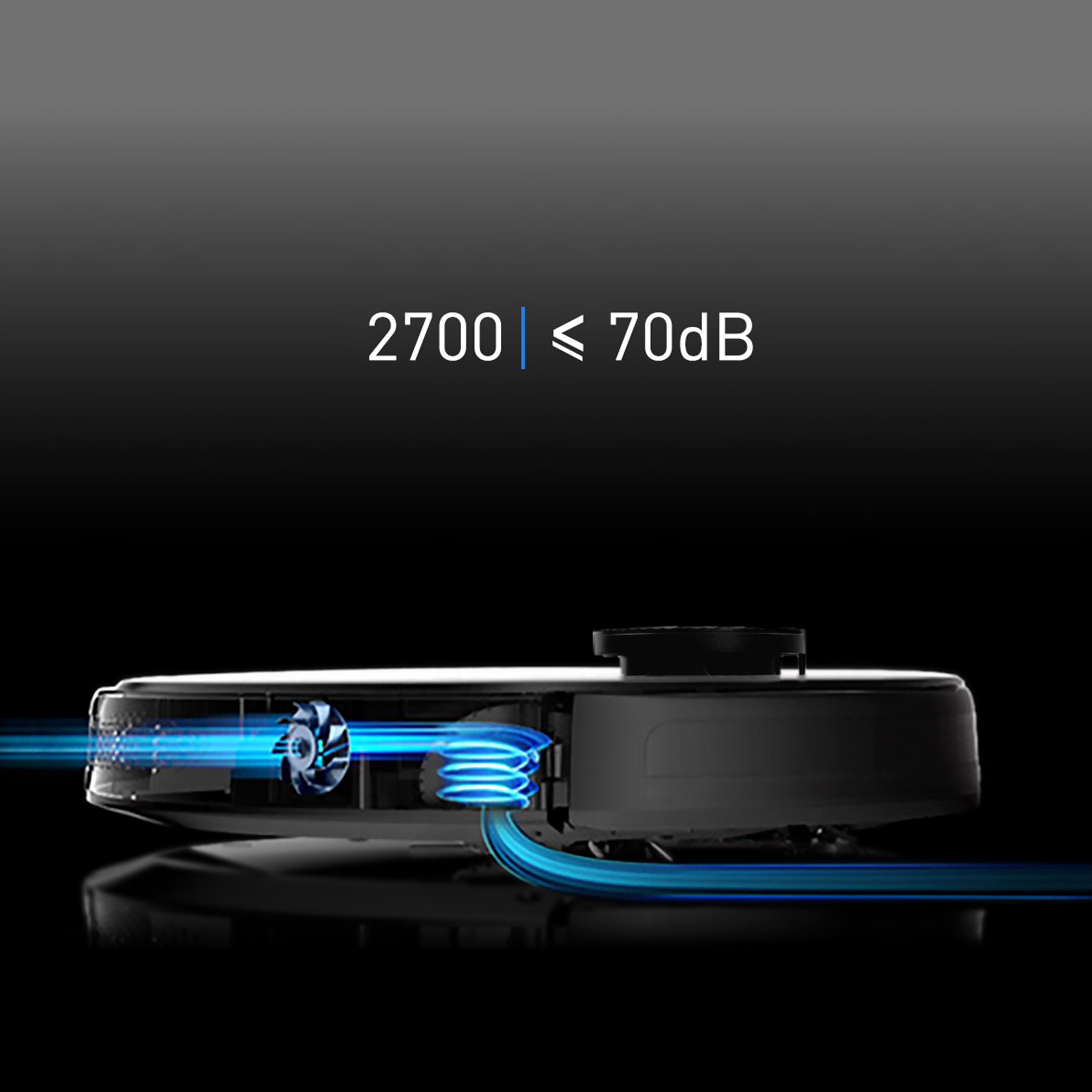 Odkurzacz robot z niebieskim przepływem powietrza, tekst: 2700 ≤ 70dB, czarne tło.