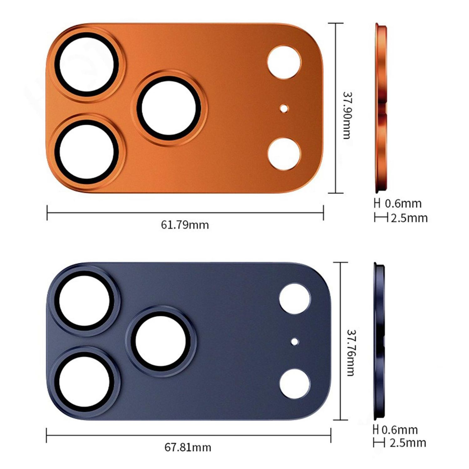 Due protezioni per lenti di fotocamere per telefoni. Uno è bronzo, l'altro blu scuro. Le dimensioni sono indicate in millimetri.
