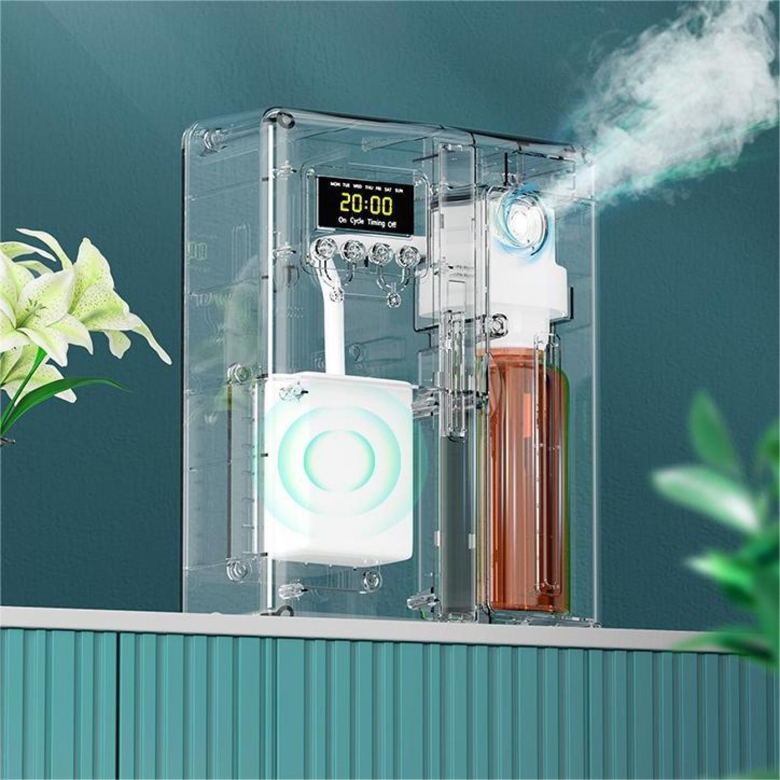 Transparenter Luftbefeuchter mit Digitalanzeige, Dampf und Wassertank. Weiße Blumen links. Türkis-weißer Hintergrund.