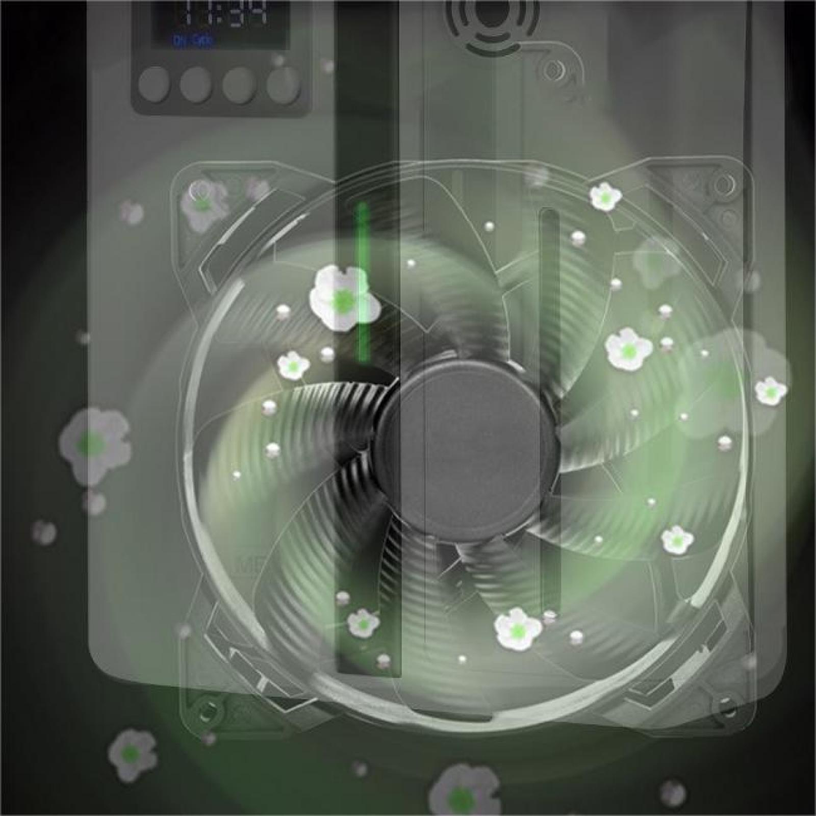 Ein Computerlüfter mit weißen Blumengrafiken. Der Lüfter ist transparent und hat einen dunklen Hintergrund.