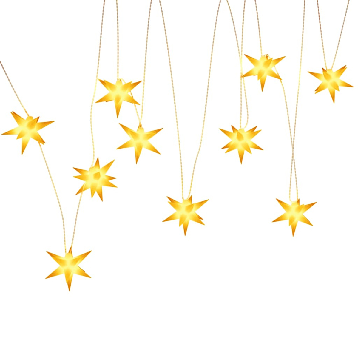 Goldene sternförmige Lichter hängen an Schnüren vor weißem Hintergrund.