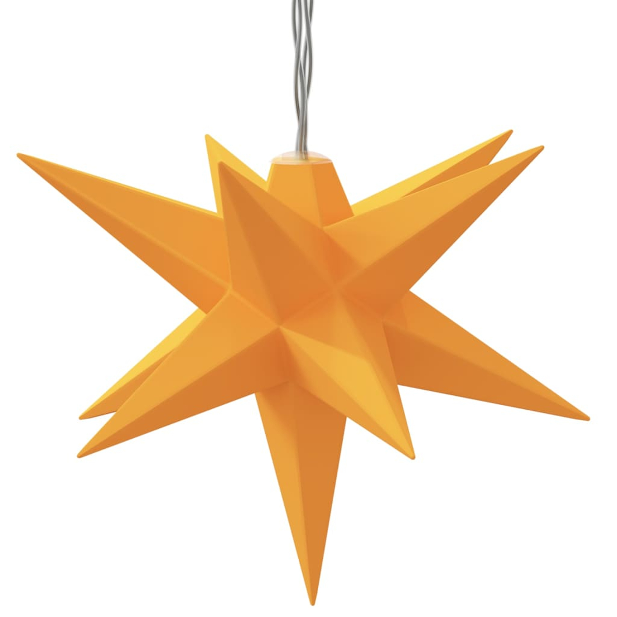 Ein gelbes sternförmiges Ornament hängt an einem grauen Draht. Der Stern hat scharfe Spitzen und ist vor weißem Hintergrund platziert.