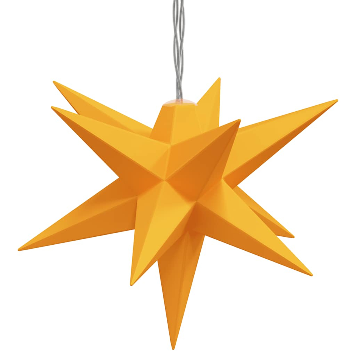 Ein gelbes sternförmiges Ornament hängt an einem grauen Draht vor weißem Hintergrund.