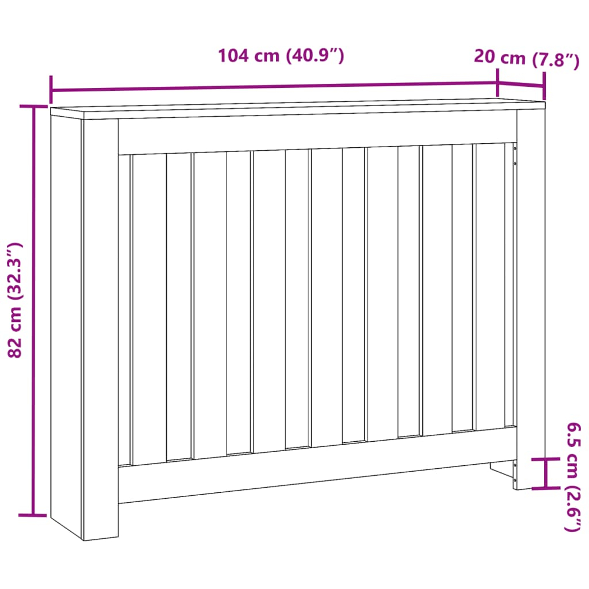 Eine weiße Heizkörperverkleidung mit vertikalen Lamellen. Abmessungen: 104 cm breit, 82 cm hoch und 20 cm tief.